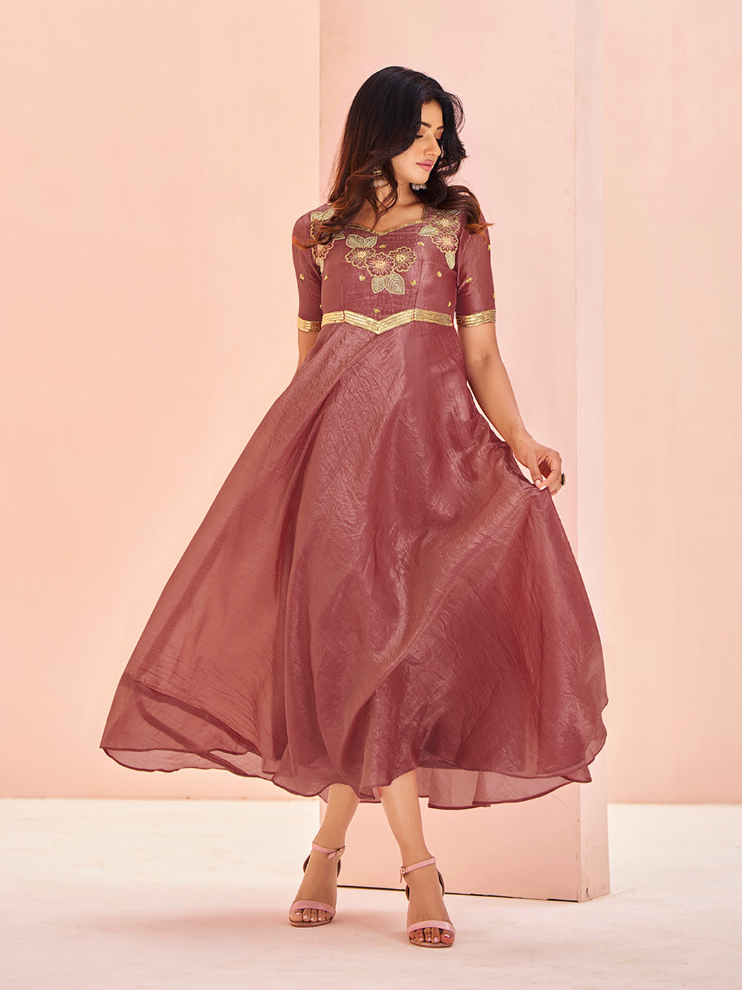Coral Luxe Organza Handwork Embroidered Anarkali for Festive Wear