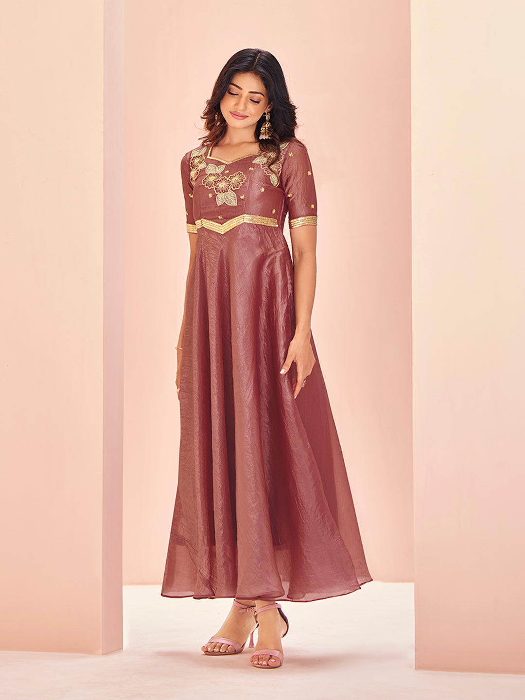 Coral Luxe Organza Handwork Embroidered Anarkali for Festive Wear