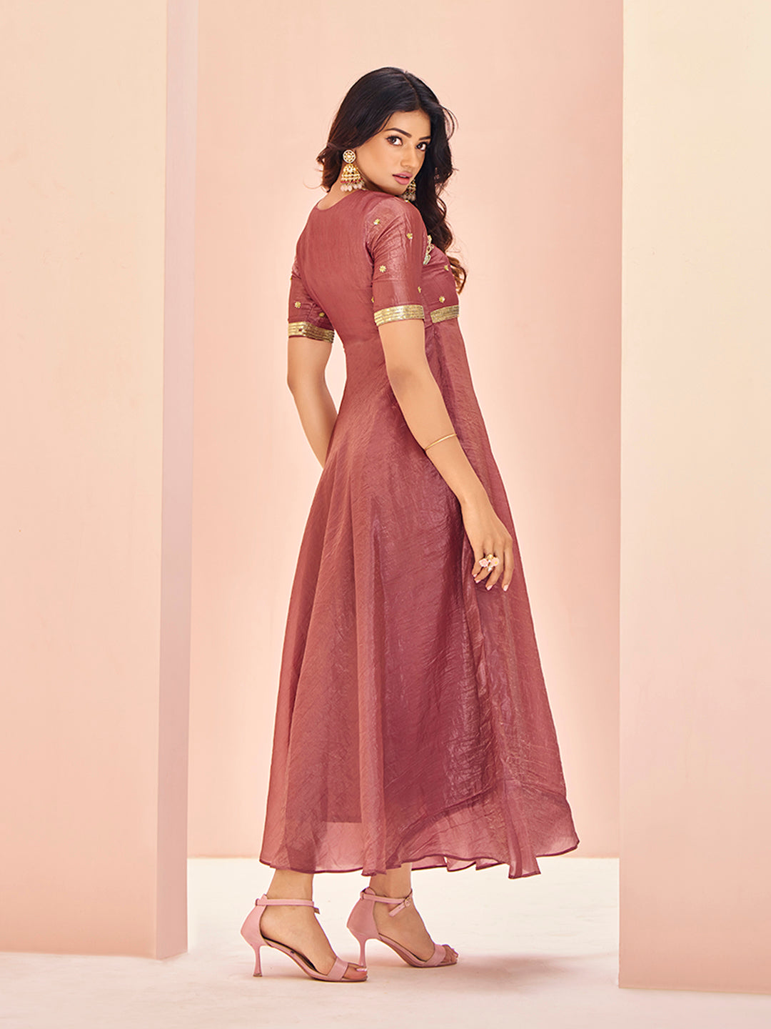 Coral Luxe Organza Handwork Embroidered Anarkali for Festive Wear