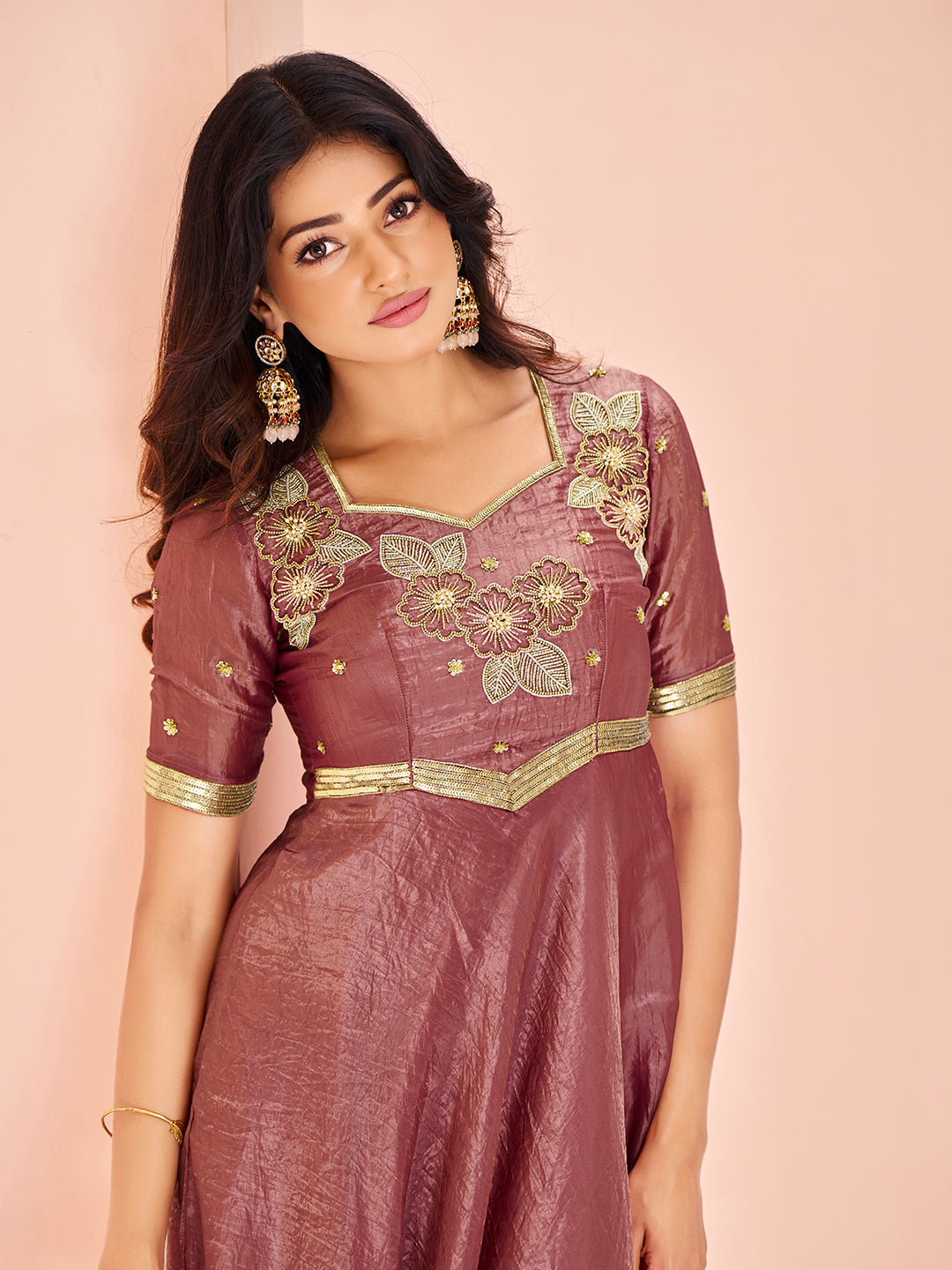 Coral Luxe Organza Handwork Embroidered Anarkali for Festive Wear