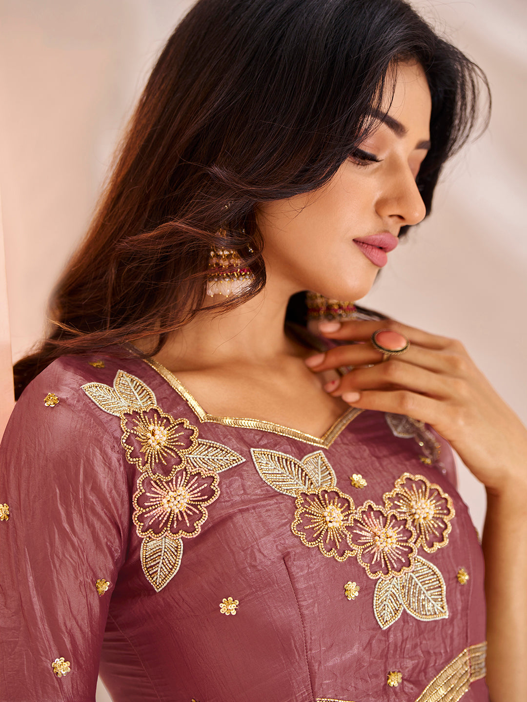 Coral Luxe Organza Handwork Embroidered Anarkali for Festive Wear