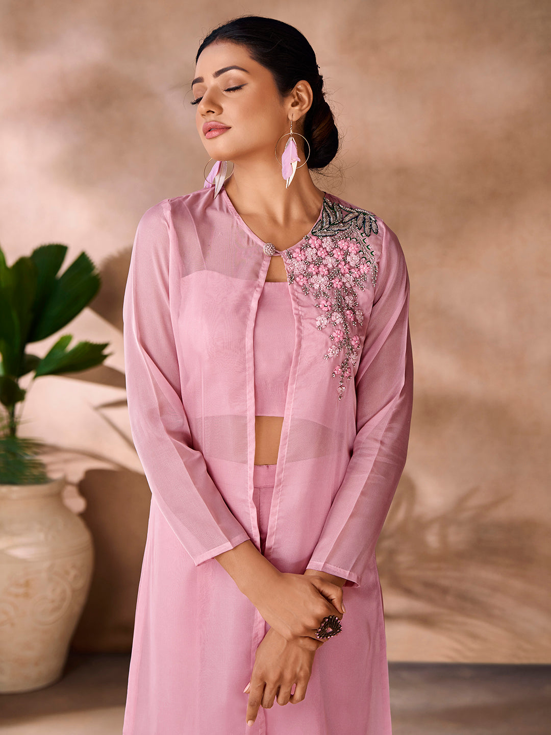 Baby Pink Premium Organza Co-Ord Set with Handcrafted Floral Work