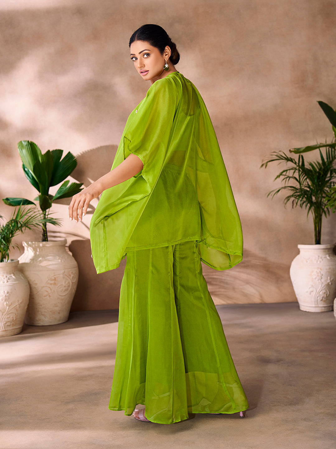 Parrot Green Organza Designer Co-Ord Set with Hand Embellishment