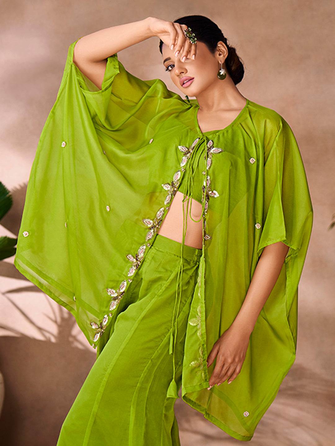 Parrot Green Organza Designer Co-Ord Set with Hand Embellishment