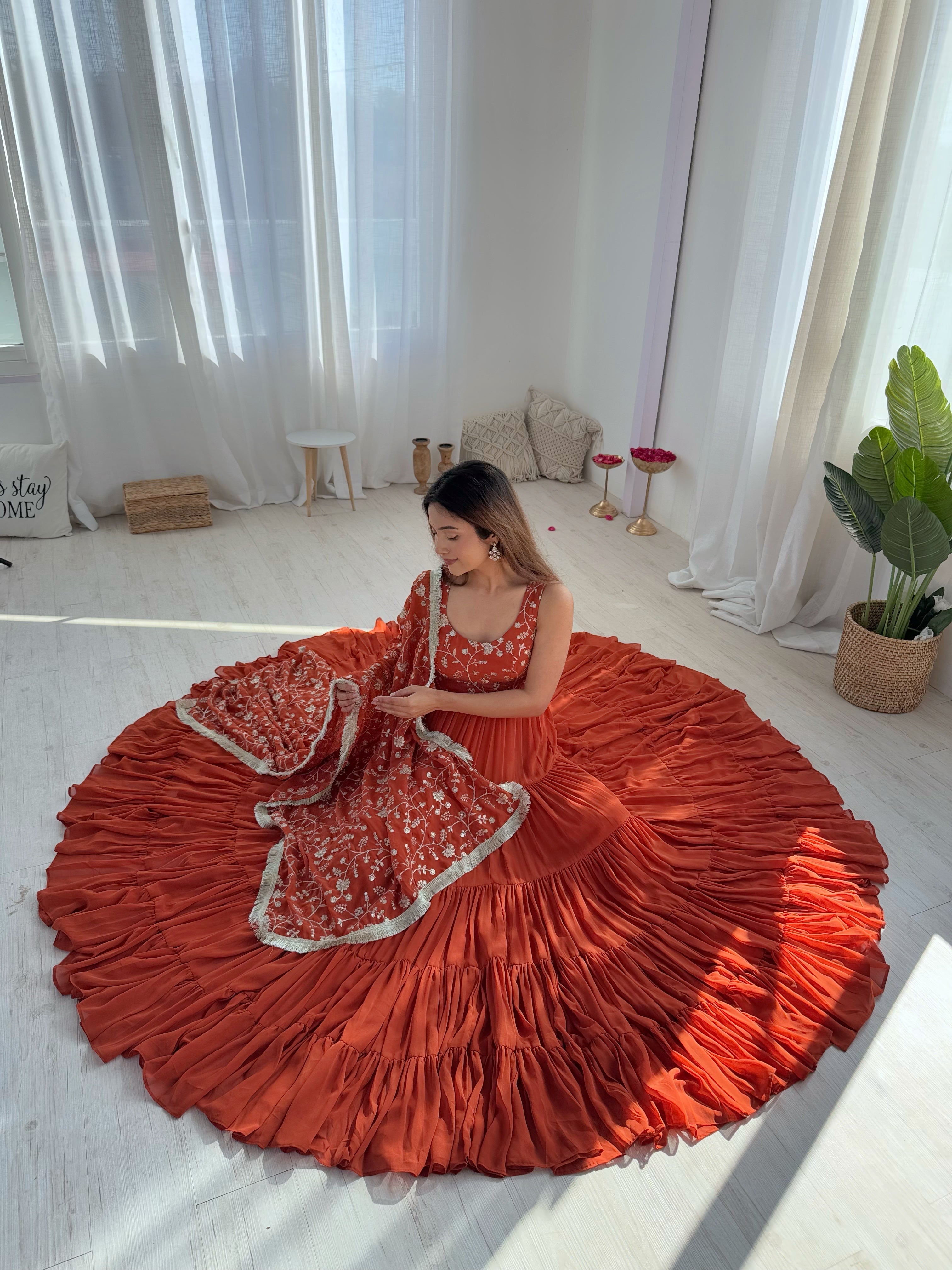 ORANGE COLOR GEORGETTE FIVE LAYER RUFFLE STYLE ANARKALI SUIT