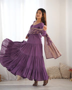 DUSTY PURPLE COLOR PURE ROMAN SILK RUFFLE STYLE ANARKALI SUIT SET OF 3