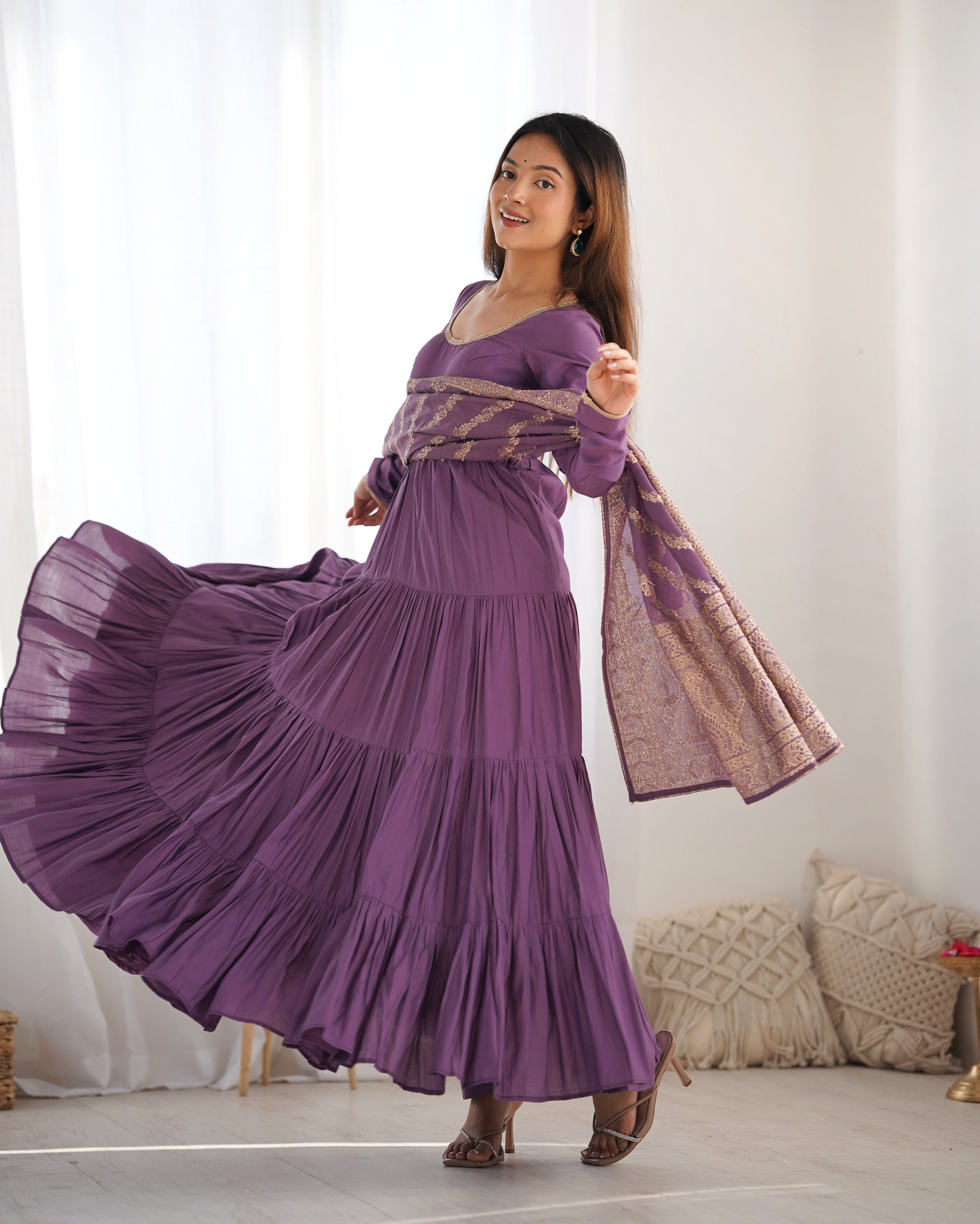 DUSTY PURPLE COLOR PURE ROMAN SILK RUFFLE STYLE ANARKALI SUIT SET OF 3