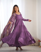 DUSTY PURPLE COLOR PURE ROMAN SILK RUFFLE STYLE ANARKALI SUIT SET OF 3