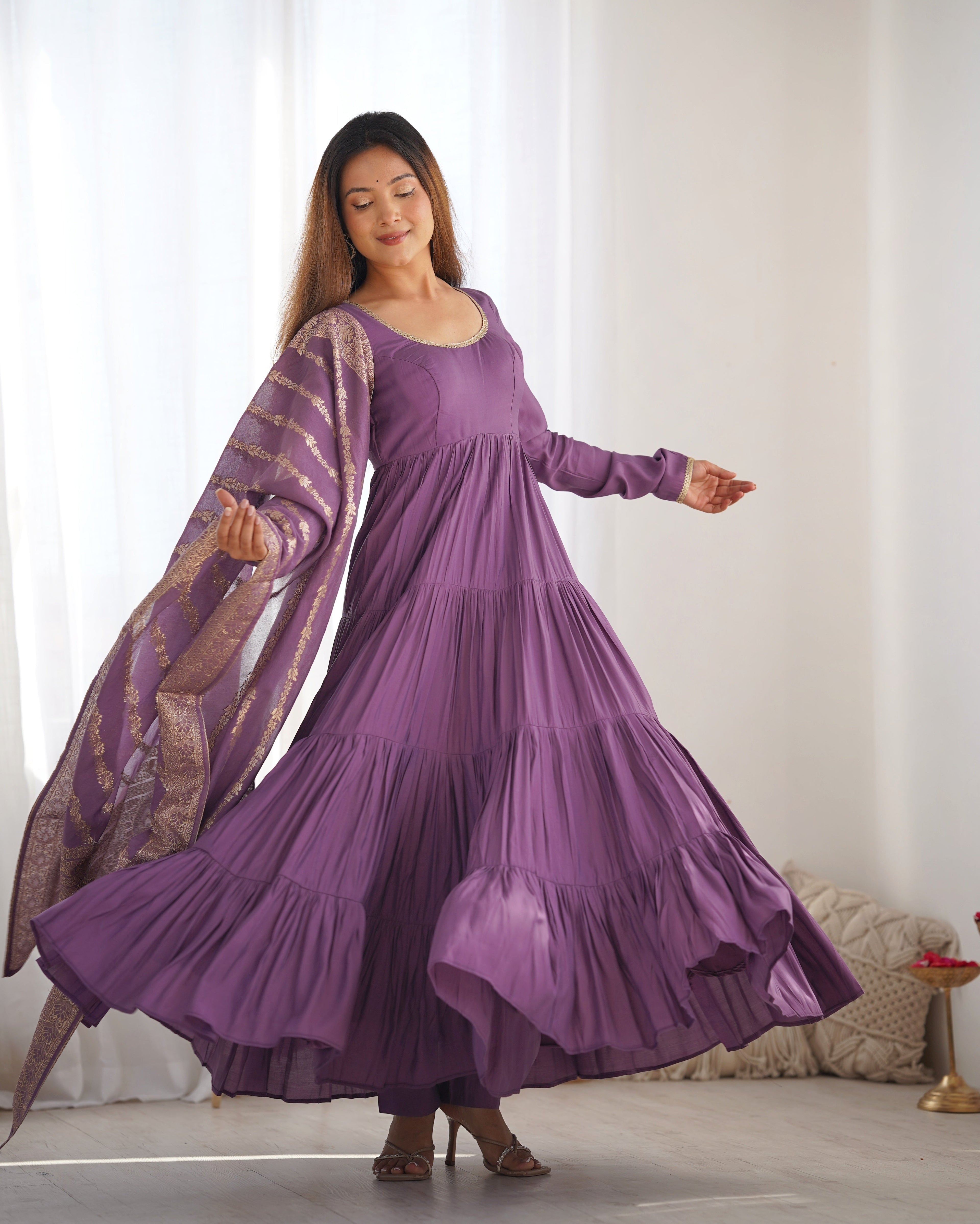 DUSTY PURPLE COLOR PURE ROMAN SILK RUFFLE STYLE ANARKALI SUIT SET OF 3