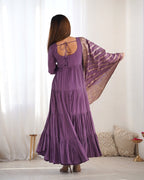 DUSTY PURPLE COLOR PURE ROMAN SILK RUFFLE STYLE ANARKALI SUIT SET OF 3