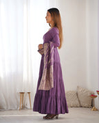 DUSTY PURPLE COLOR PURE ROMAN SILK RUFFLE STYLE ANARKALI SUIT SET OF 3