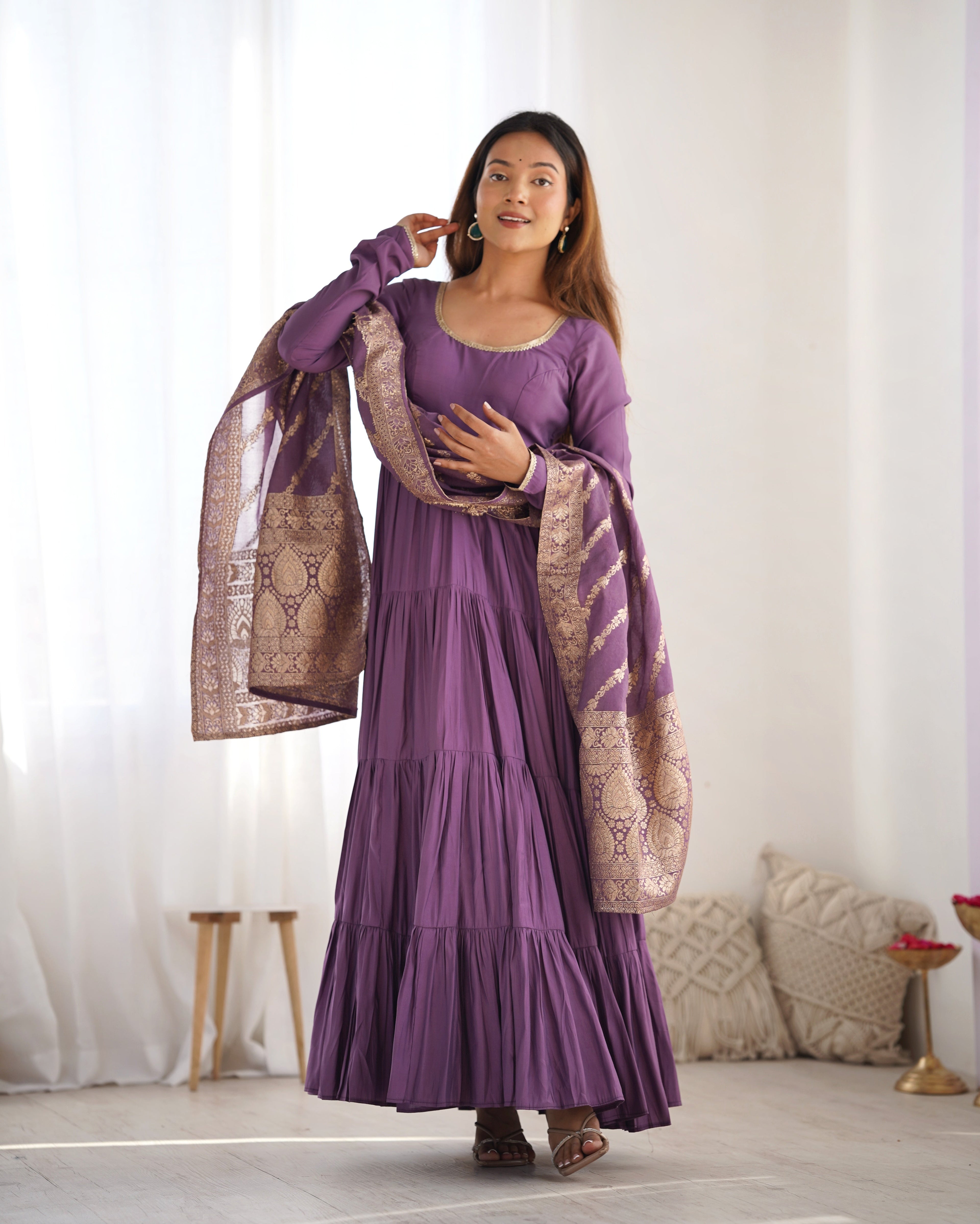 DUSTY PURPLE COLOR PURE ROMAN SILK RUFFLE STYLE ANARKALI SUIT SET OF 3