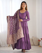 DUSTY PURPLE COLOR PURE ROMAN SILK RUFFLE STYLE ANARKALI SUIT SET OF 3