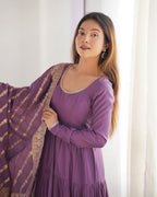 DUSTY PURPLE COLOR PURE ROMAN SILK RUFFLE STYLE ANARKALI SUIT SET OF 3