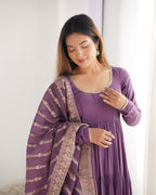 DUSTY PURPLE COLOR PURE ROMAN SILK RUFFLE STYLE ANARKALI SUIT SET OF 3