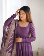 DUSTY PURPLE COLOR PURE ROMAN SILK RUFFLE STYLE ANARKALI SUIT SET OF 3