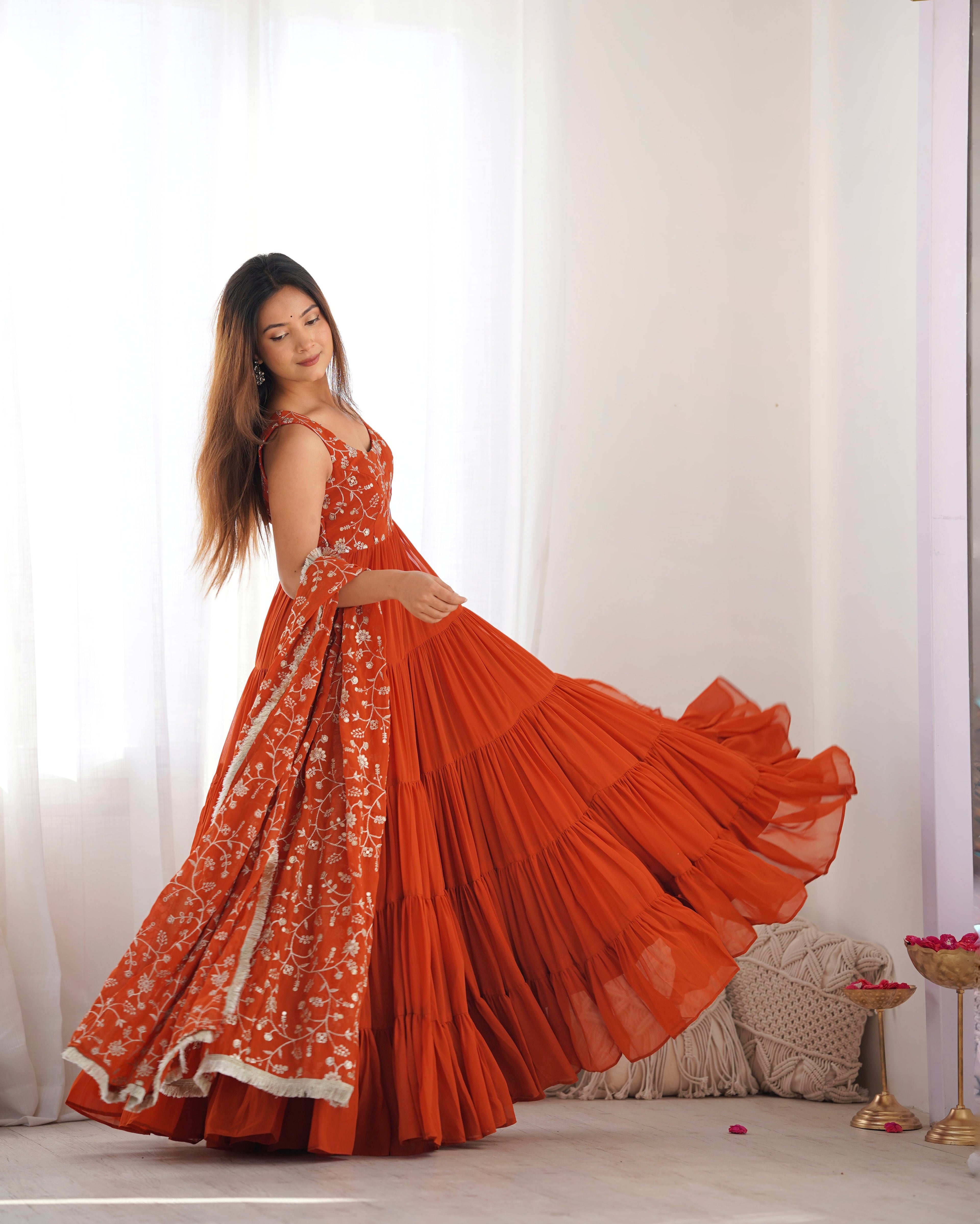 ORANGE COLOR GEORGETTE FIVE LAYER RUFFLE STYLE ANARKALI SUIT