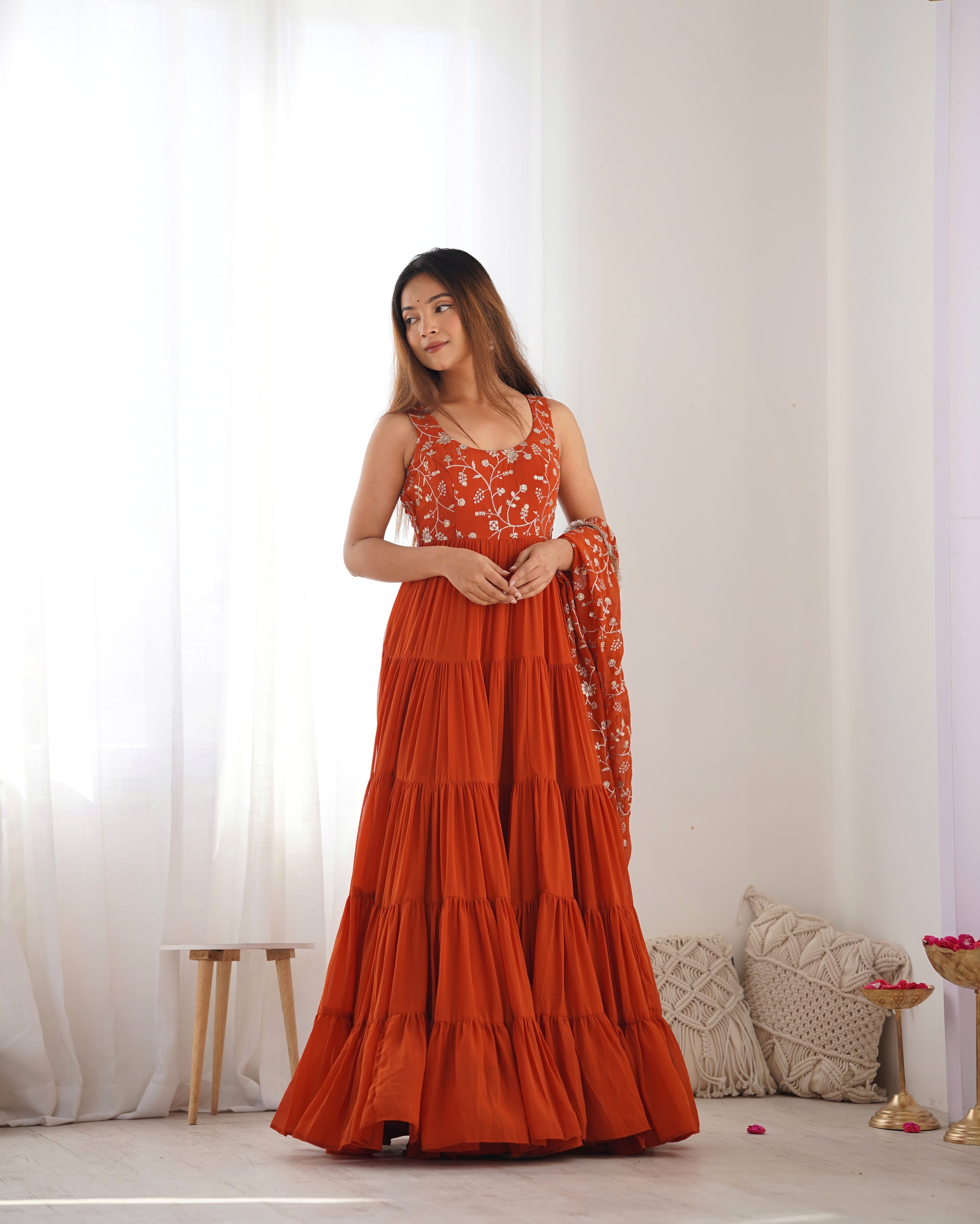 ORANGE COLOR GEORGETTE FIVE LAYER RUFFLE STYLE ANARKALI SUIT