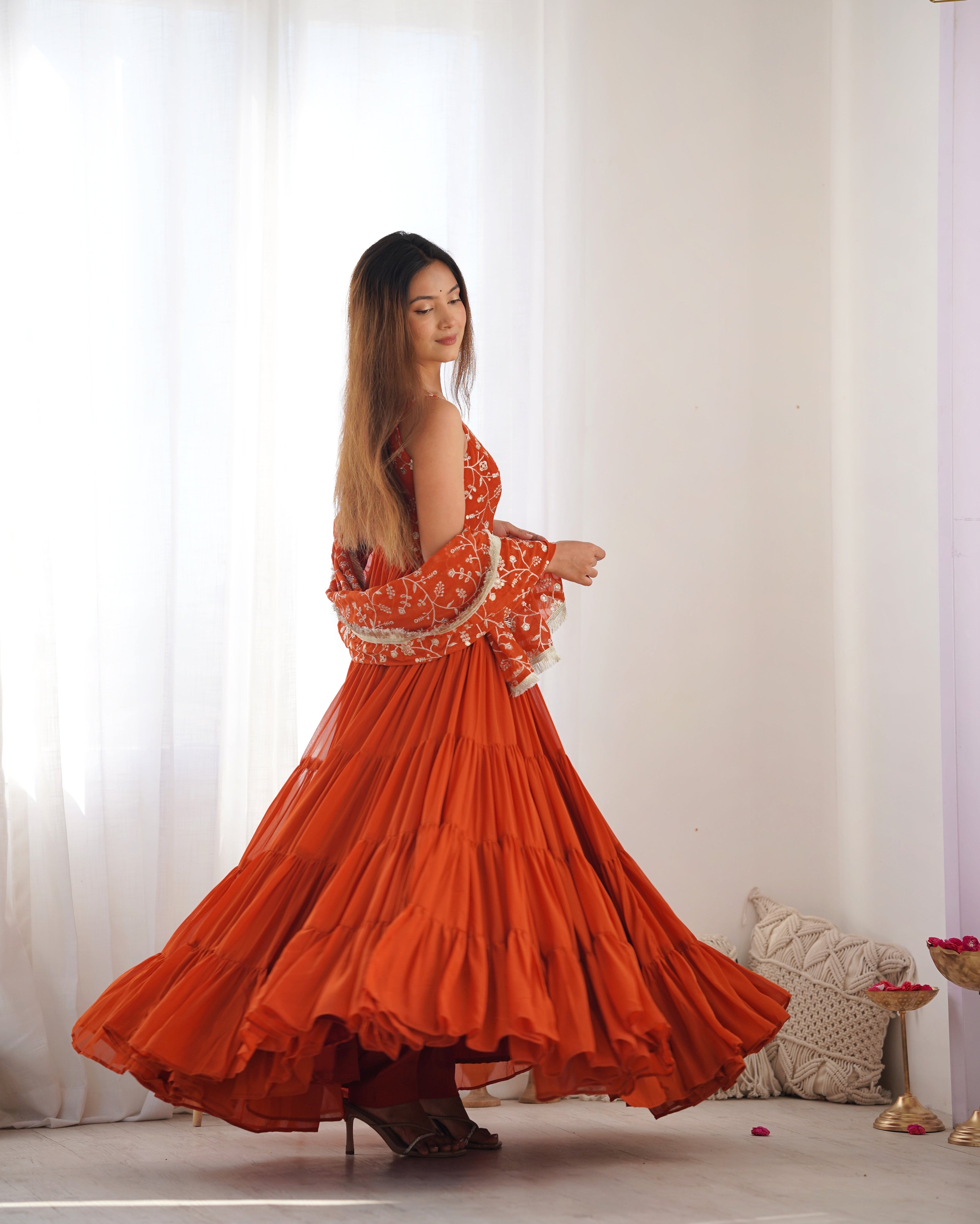 ORANGE COLOR GEORGETTE FIVE LAYER RUFFLE STYLE ANARKALI SUIT