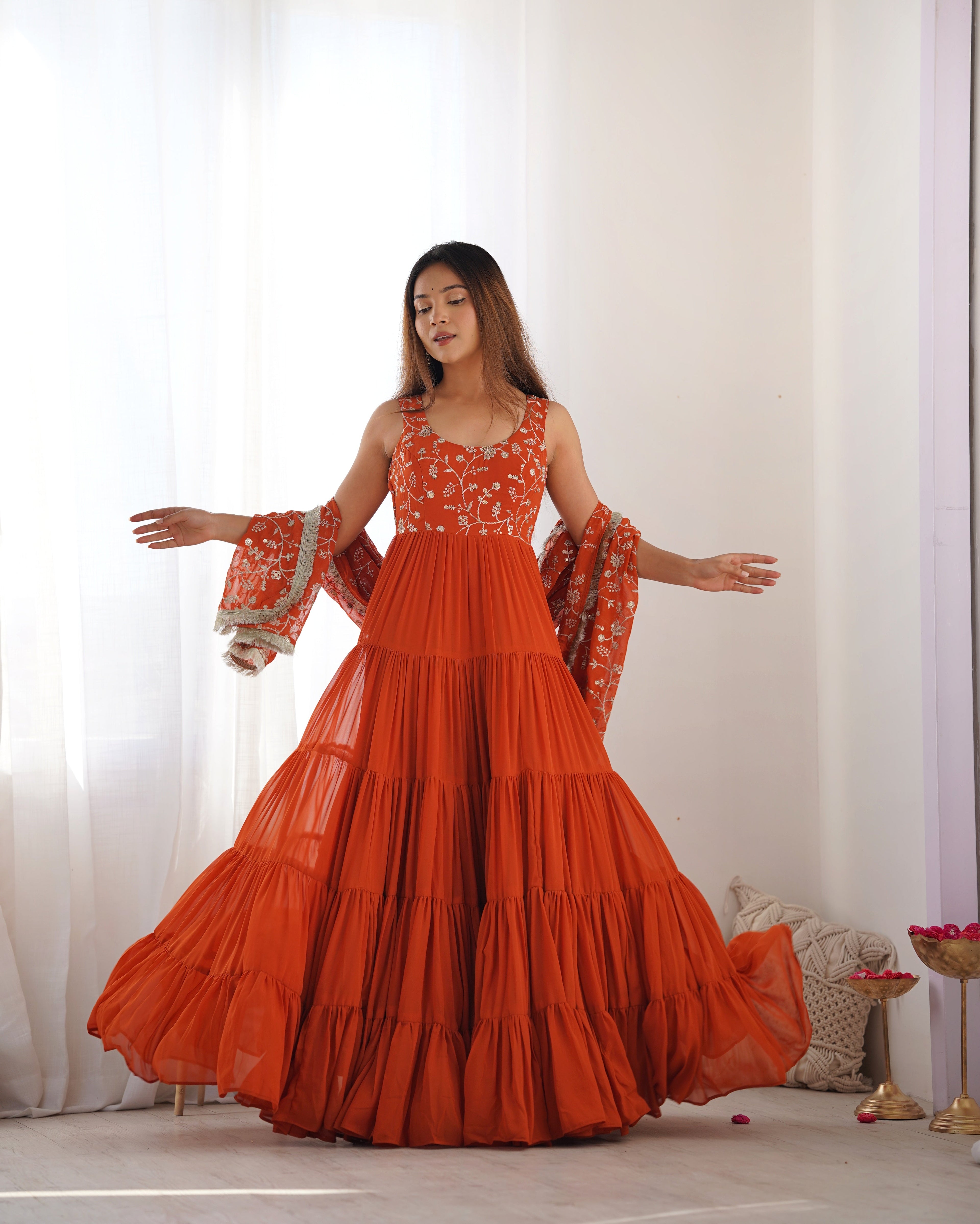 ORANGE COLOR GEORGETTE FIVE LAYER RUFFLE STYLE ANARKALI SUIT