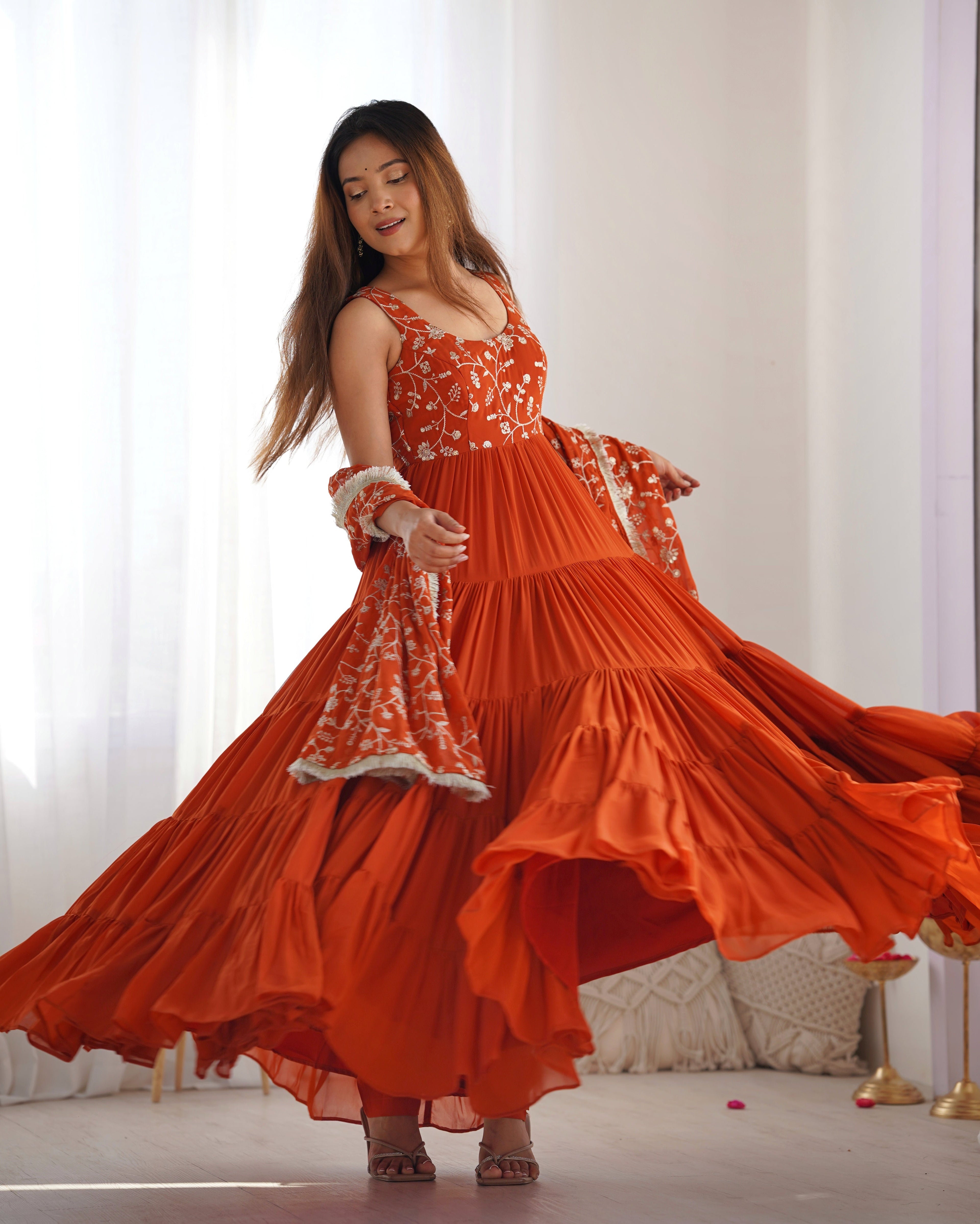 ORANGE COLOR GEORGETTE FIVE LAYER RUFFLE STYLE ANARKALI SUIT