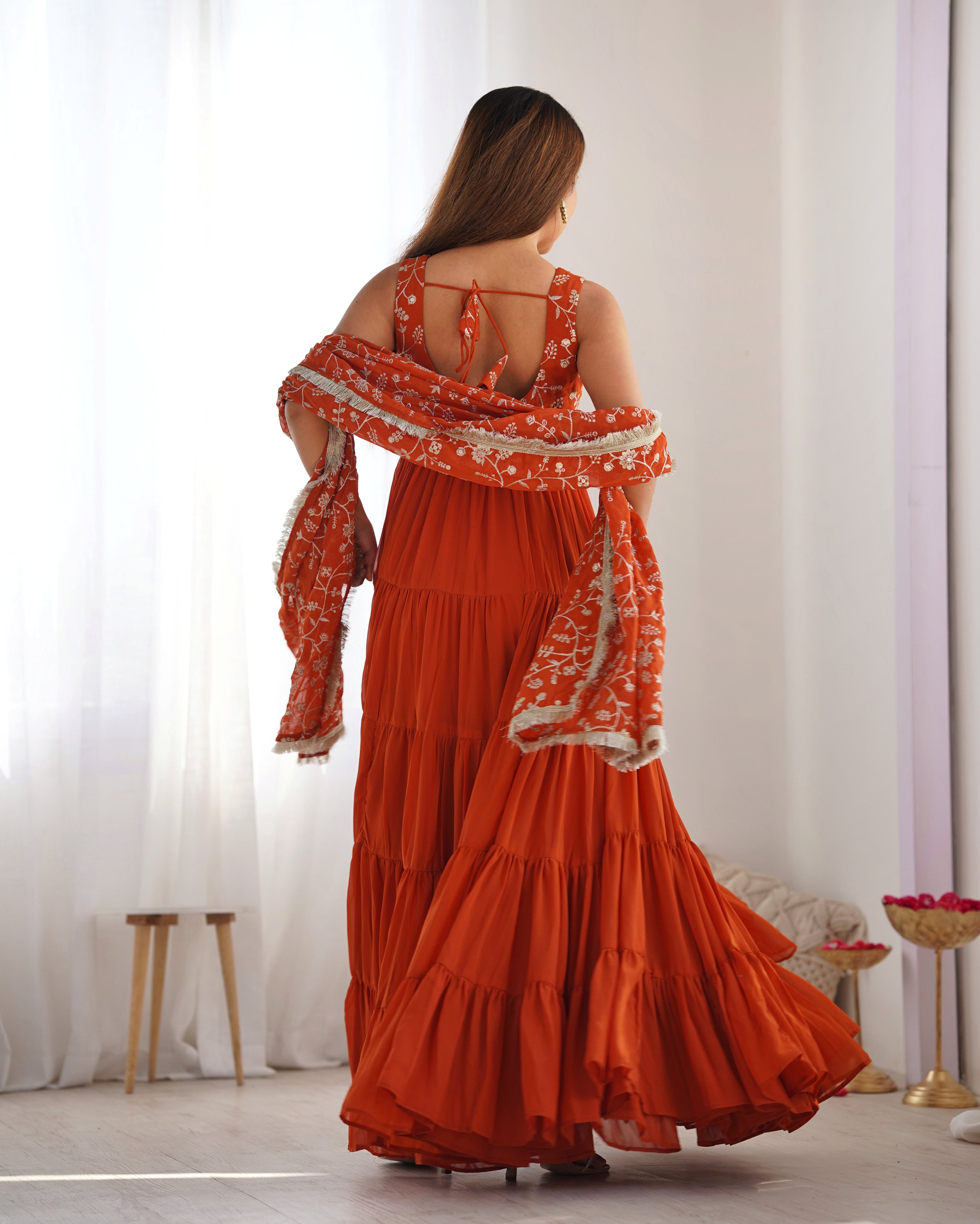 ORANGE COLOR GEORGETTE FIVE LAYER RUFFLE STYLE ANARKALI SUIT