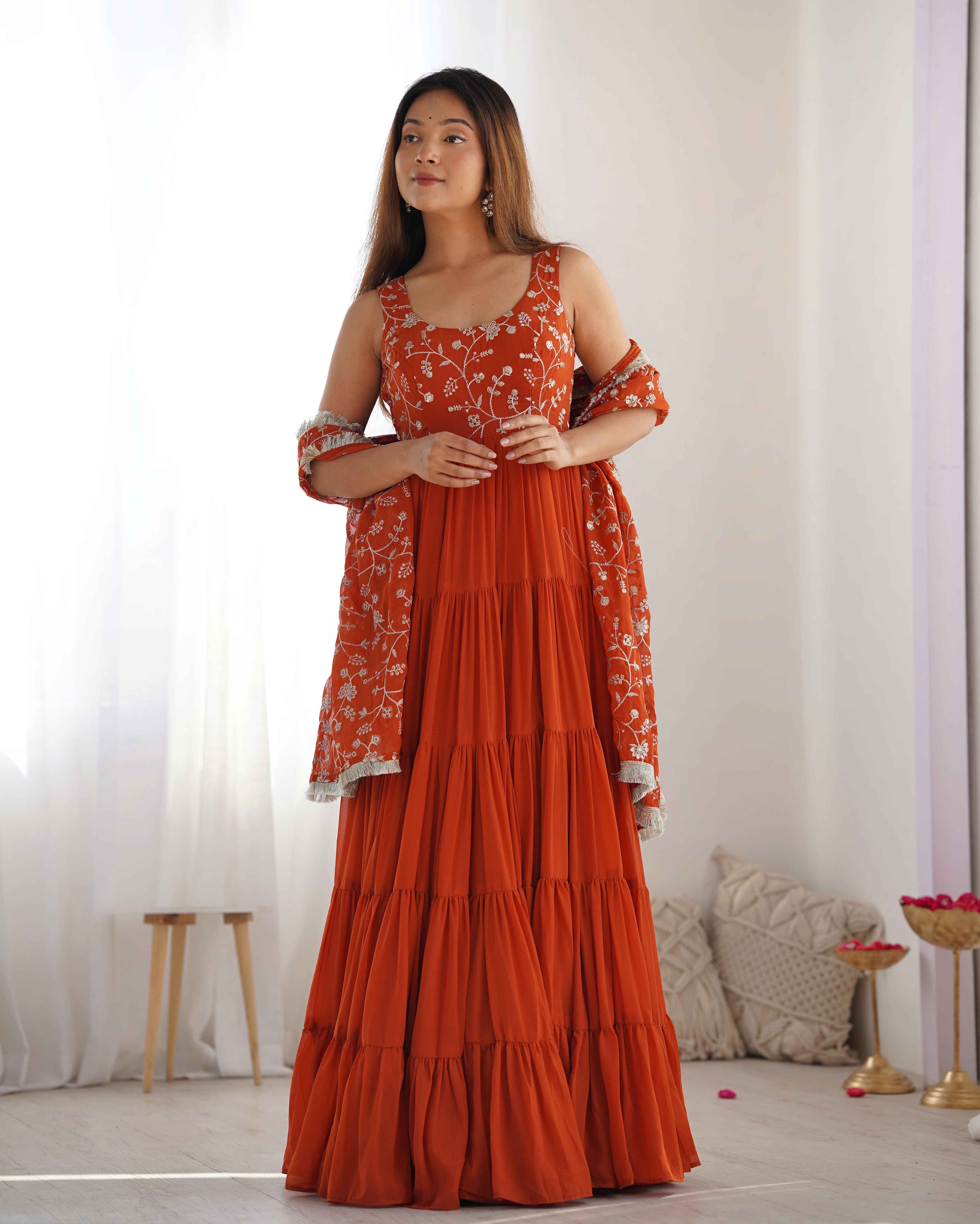 ORANGE COLOR GEORGETTE FIVE LAYER RUFFLE STYLE ANARKALI SUIT