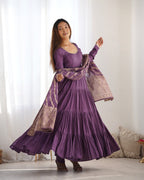 DUSTY PURPLE COLOR PURE ROMAN SILK RUFFLE STYLE ANARKALI SUIT SET OF 3