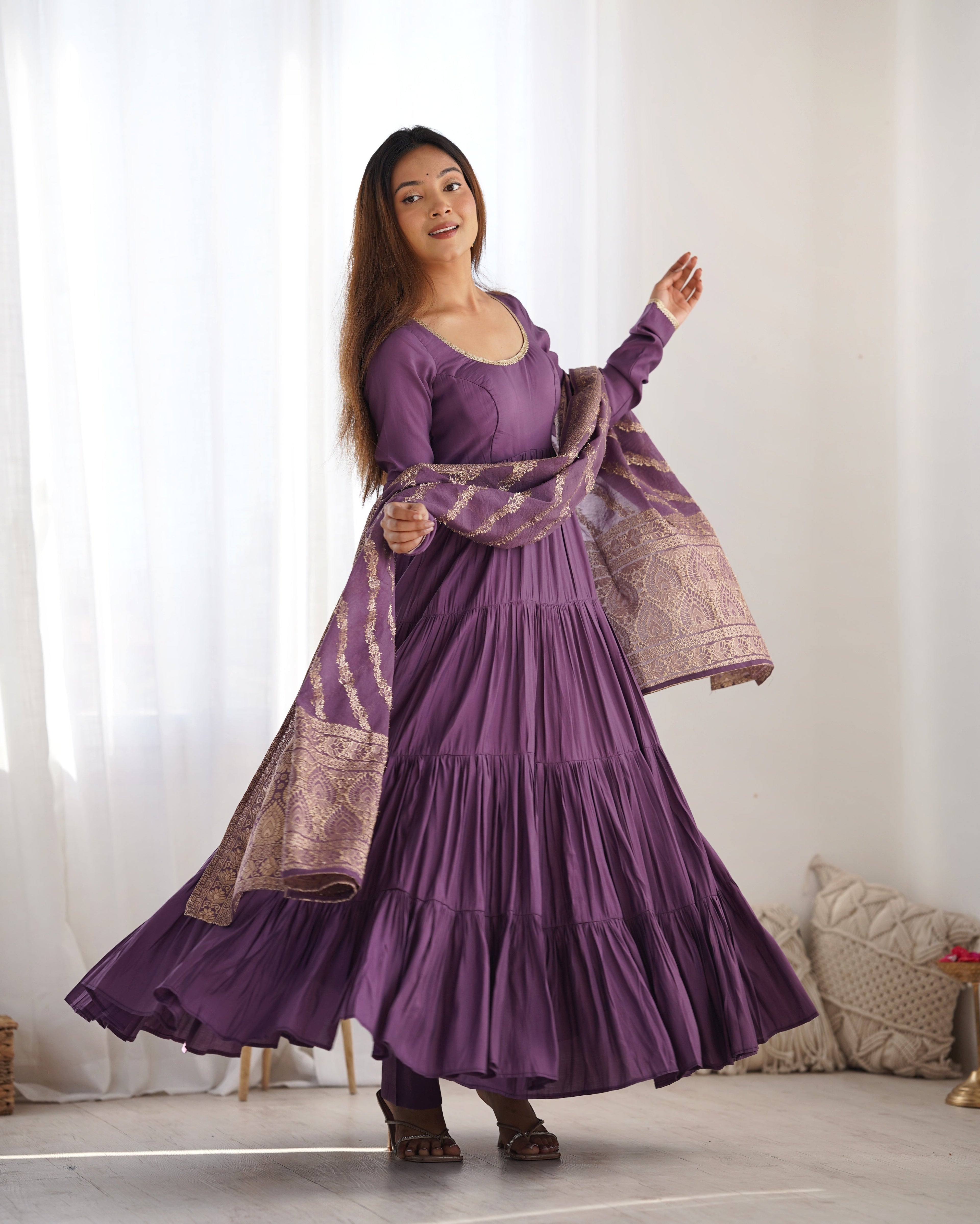 DUSTY PURPLE COLOR PURE ROMAN SILK RUFFLE STYLE ANARKALI SUIT SET OF 3