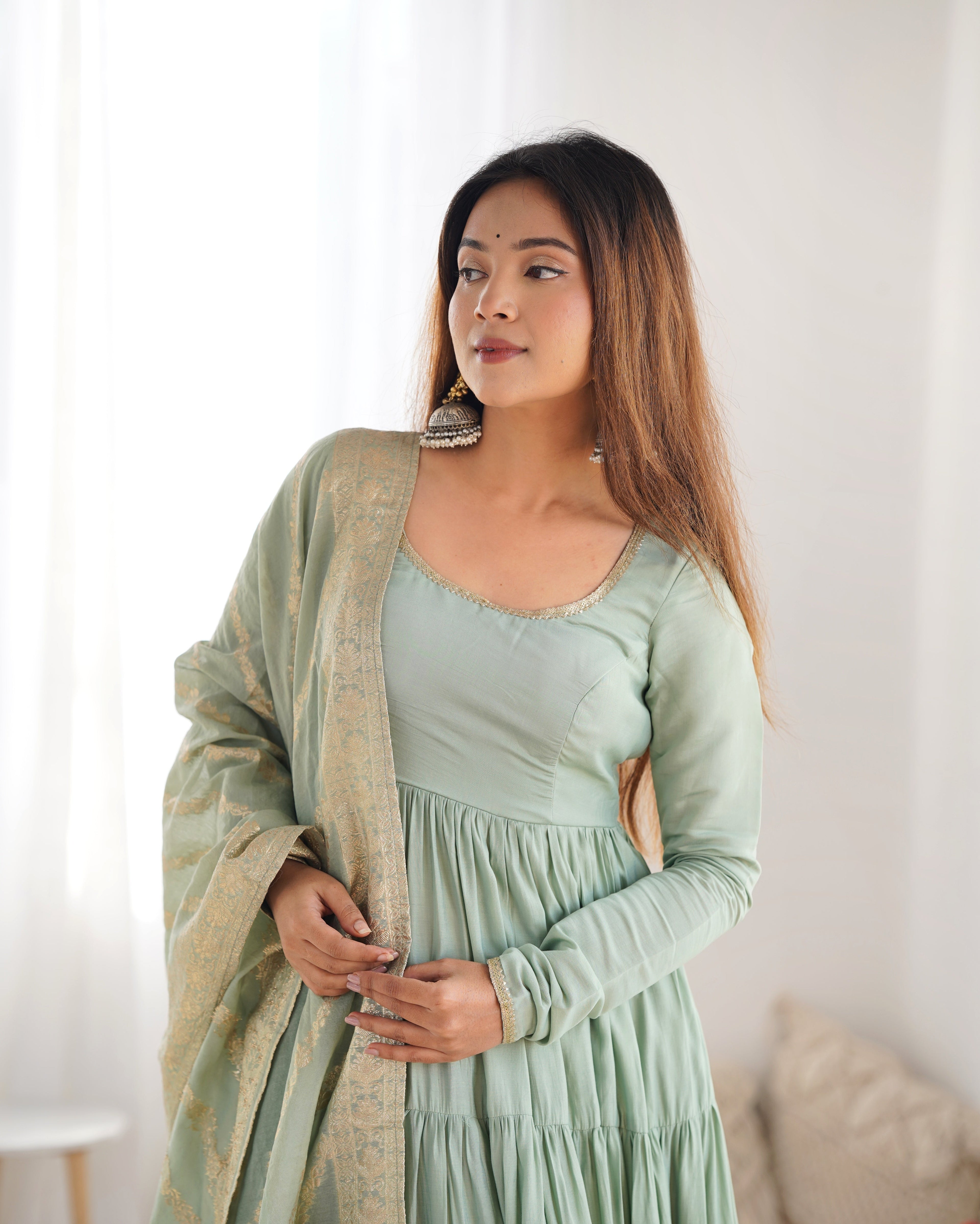 PISTA COLOR PURE ROMAN SILK RUFFLE STYLE ANARKALI SUIT SET OF 3