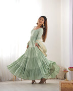 PISTA COLOR PURE ROMAN SILK RUFFLE STYLE ANARKALI SUIT SET OF 3