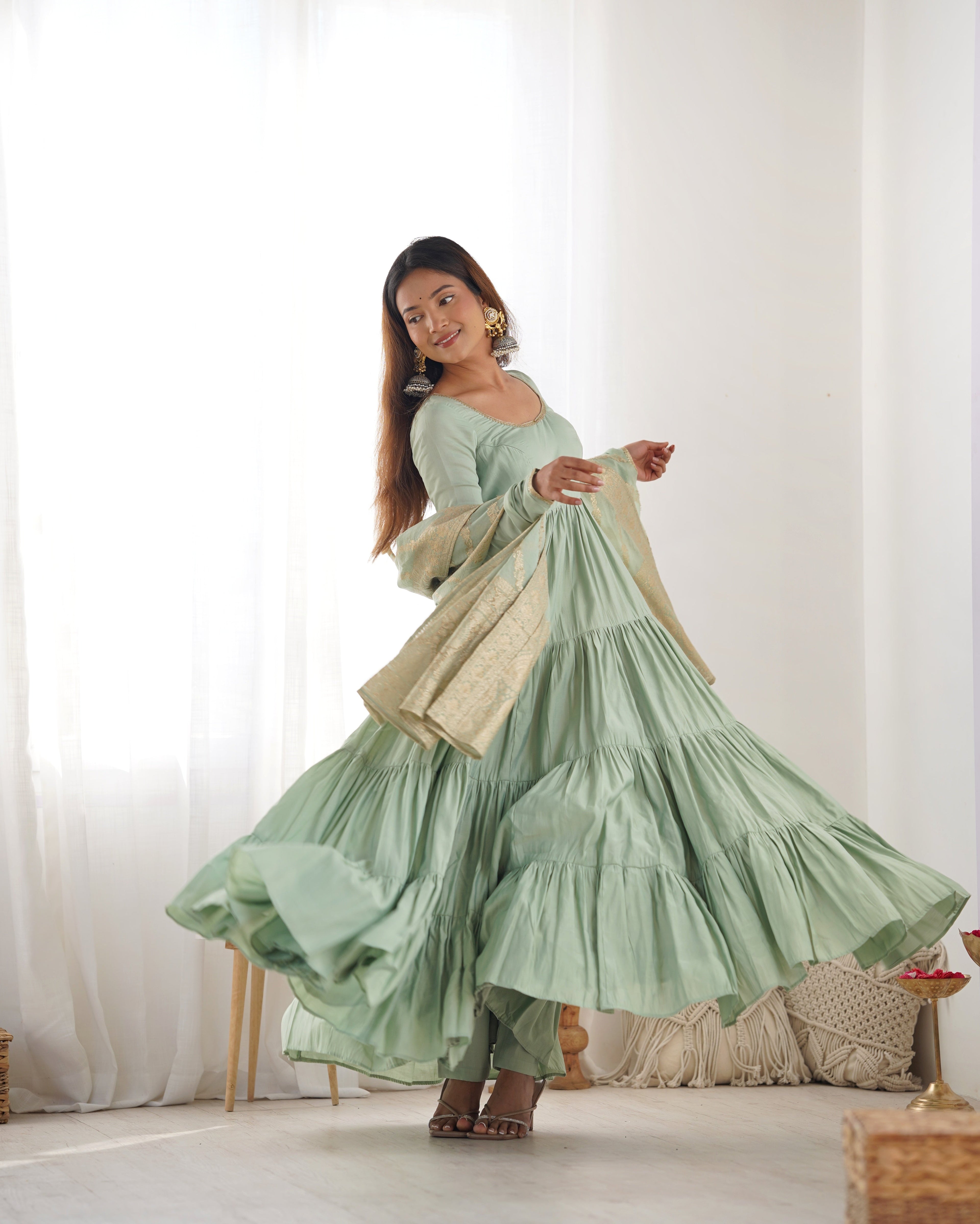 PISTA COLOR PURE ROMAN SILK RUFFLE STYLE ANARKALI SUIT SET OF 3