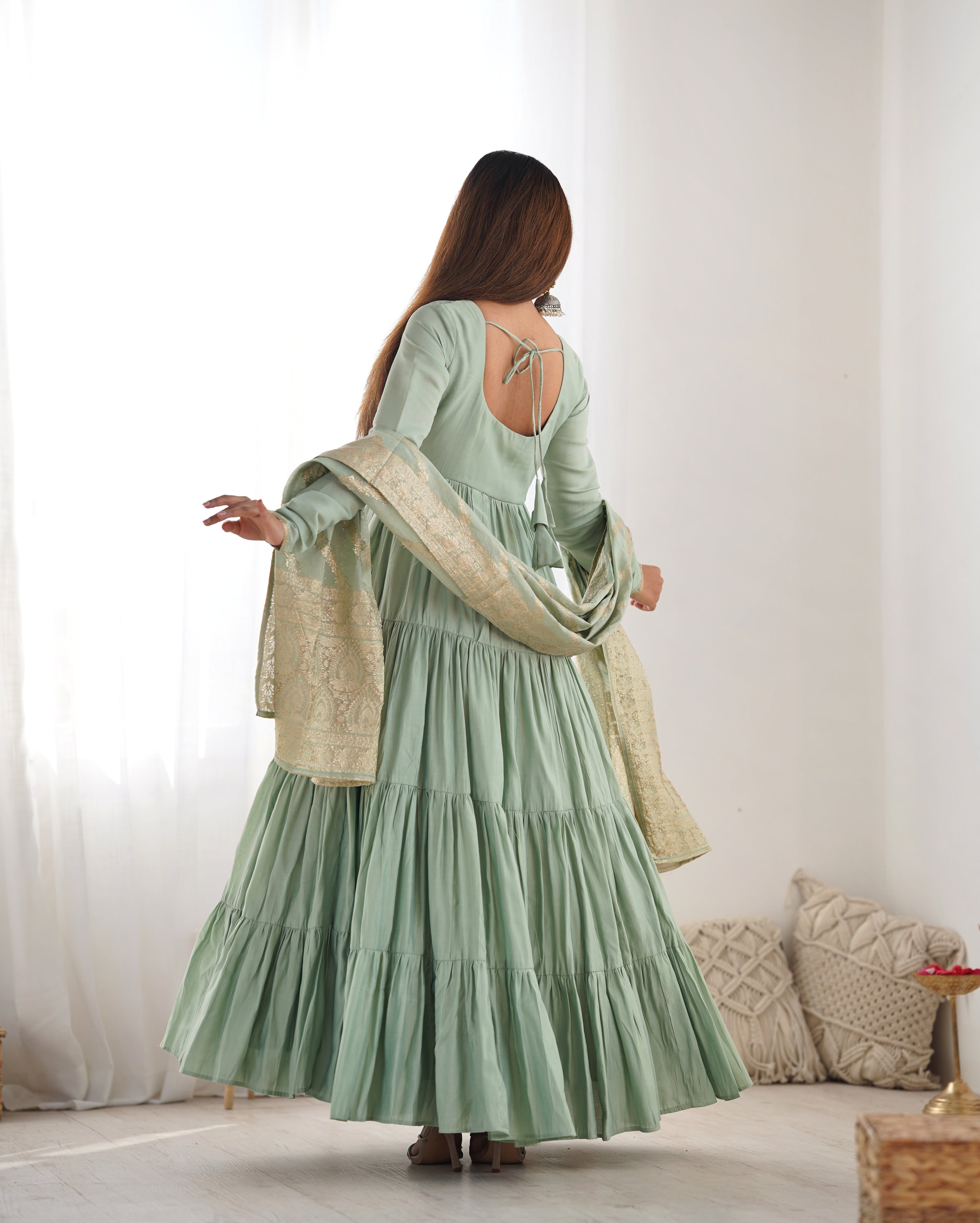 PISTA COLOR PURE ROMAN SILK RUFFLE STYLE ANARKALI SUIT SET OF 3