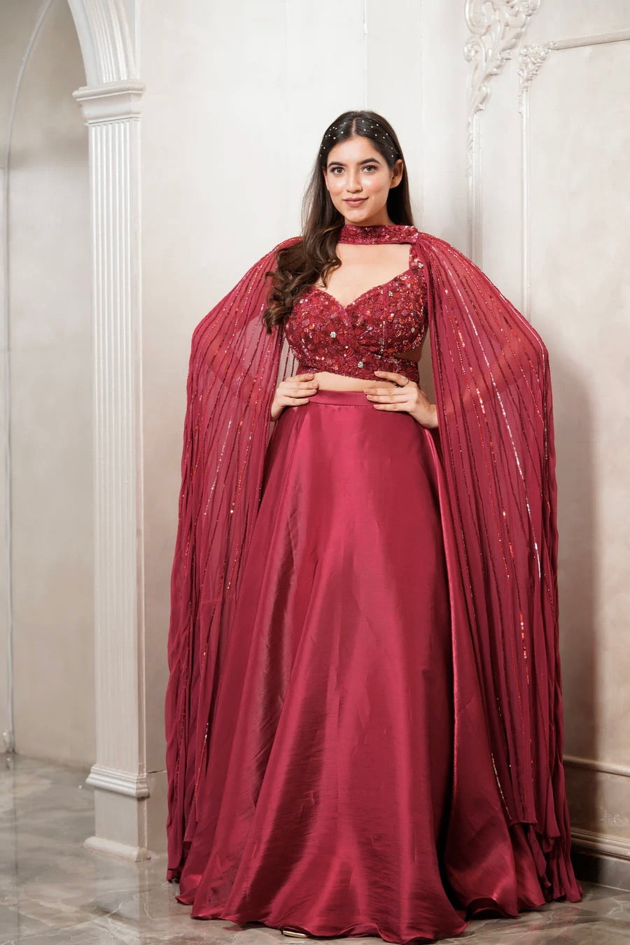 ELEGANT HOT JAPAN SATIN SILK LEHENGA, COMPLETE WITH A STYLISH STITCHED DUPATTA