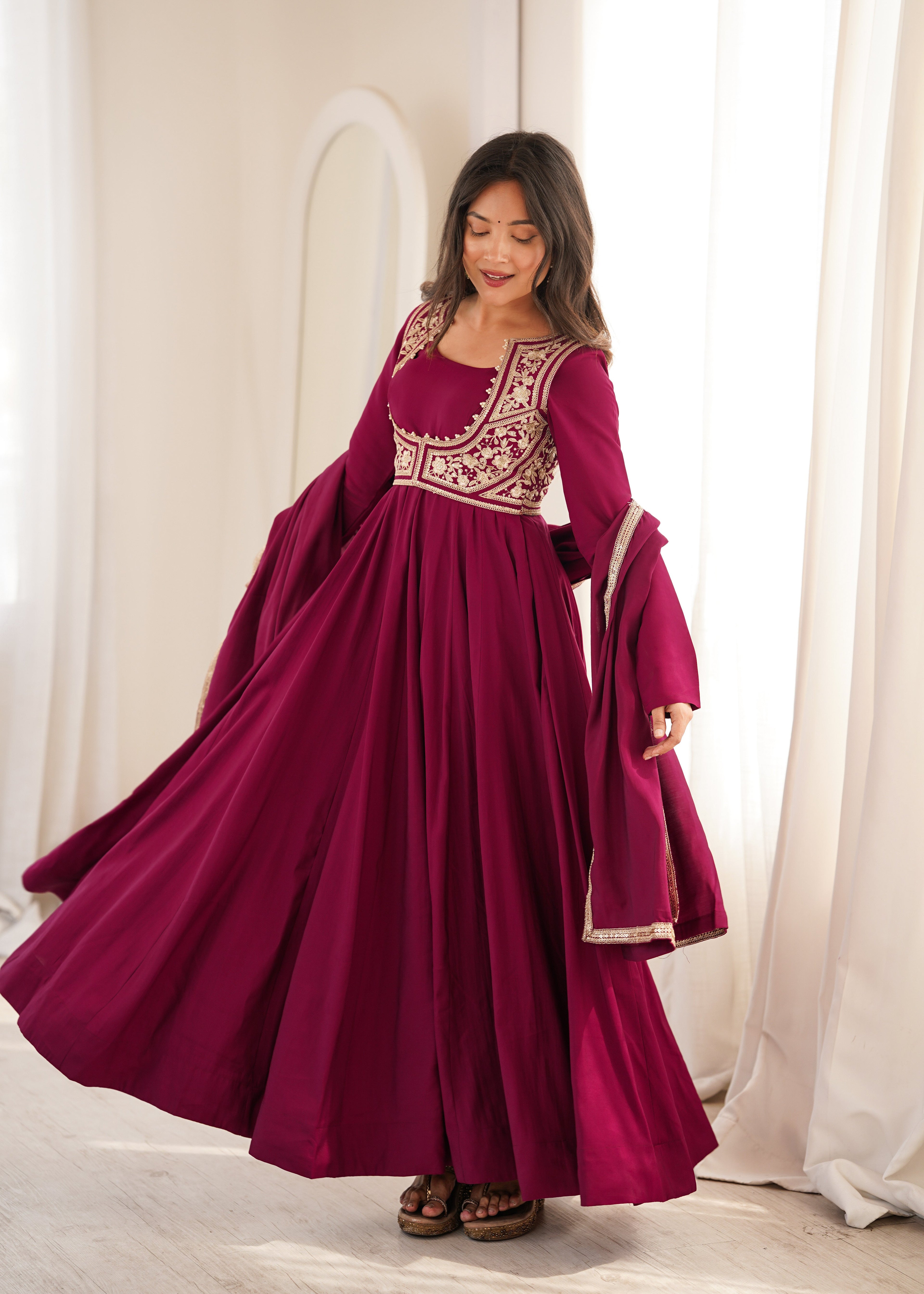ROYAL WINE ETHNIC EMBROIDERED ANARKALI SUIT WITH JACKET