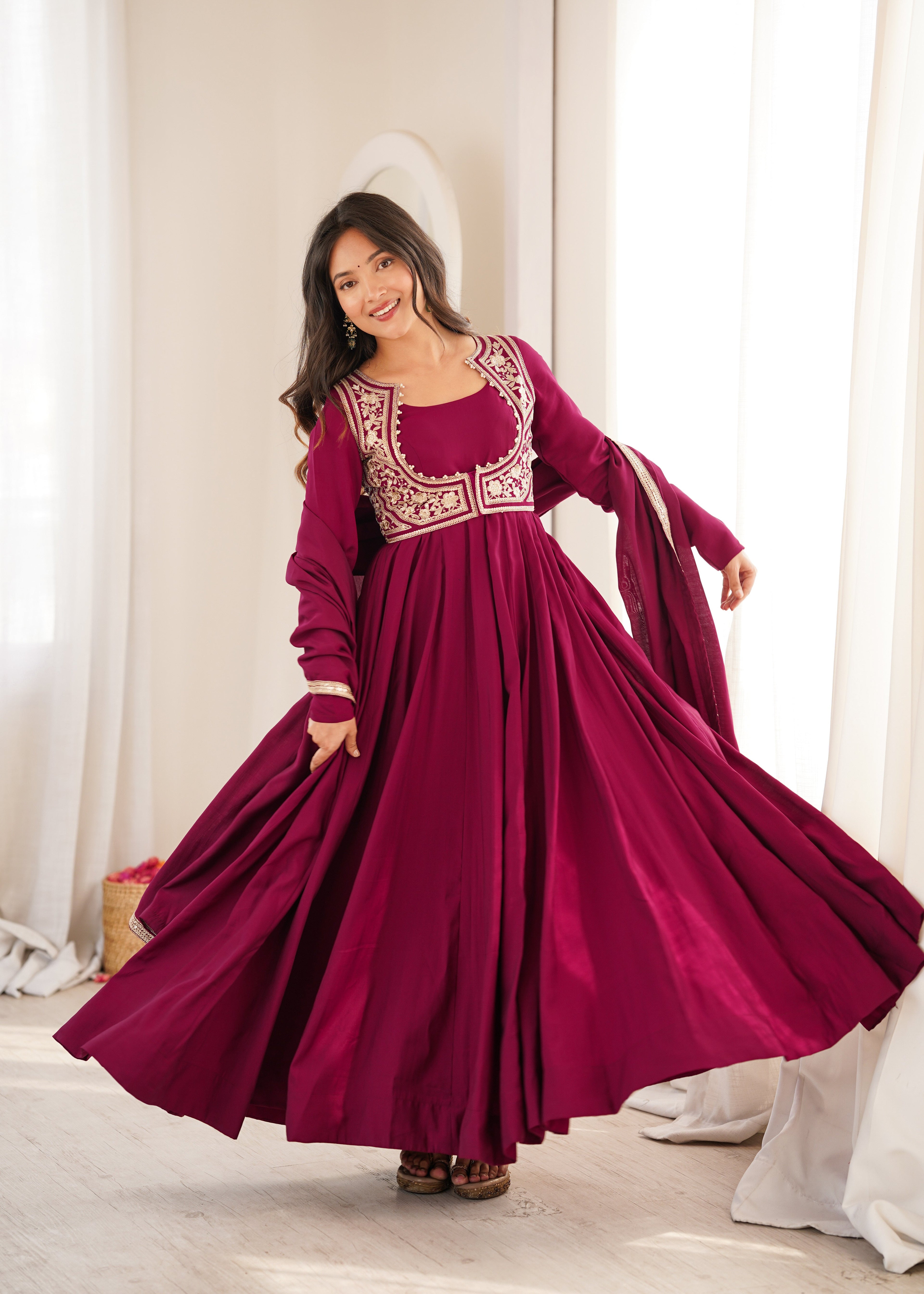 ROYAL WINE ETHNIC EMBROIDERED ANARKALI SUIT WITH JACKET