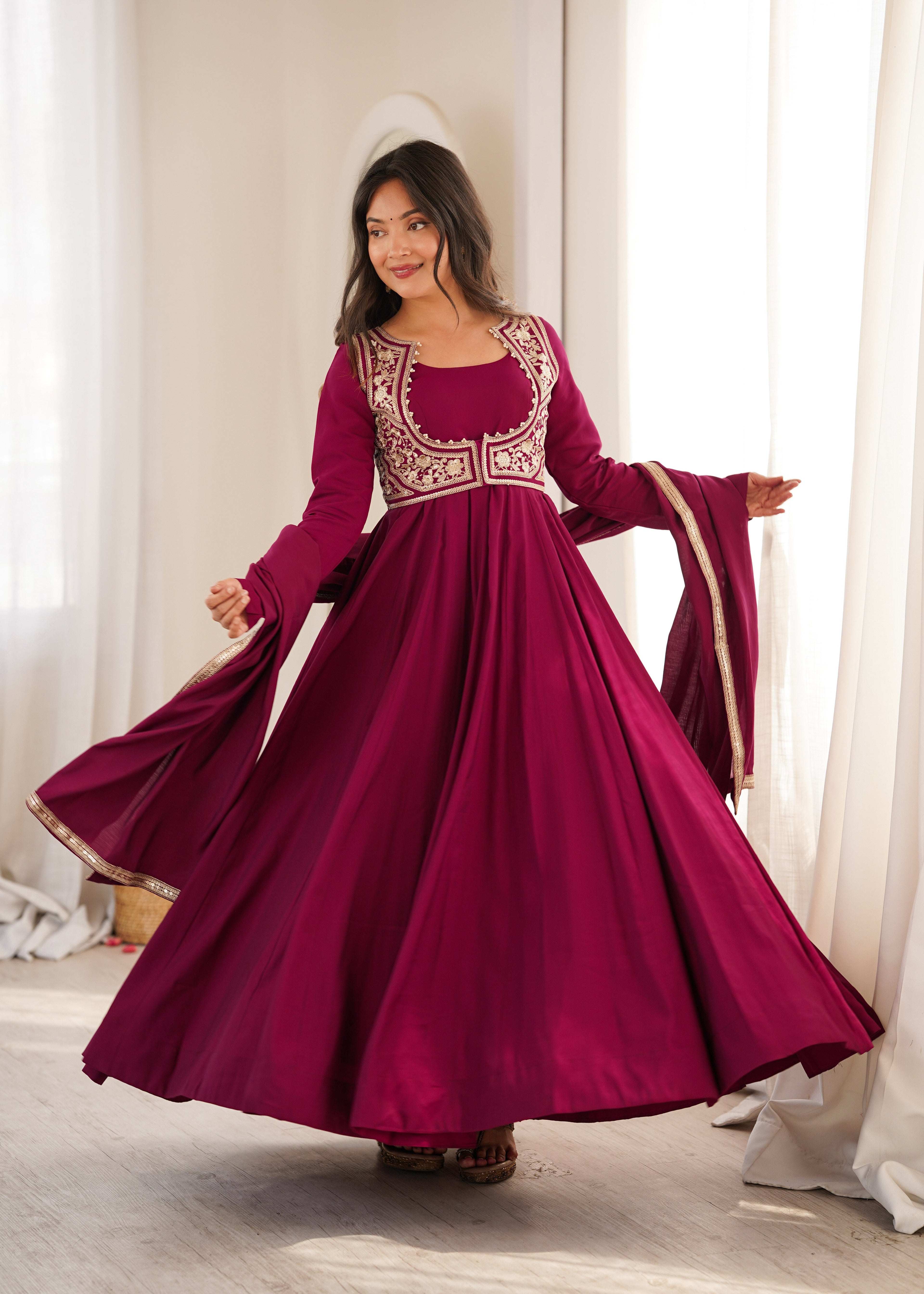 ROYAL WINE ETHNIC EMBROIDERED ANARKALI SUIT WITH JACKET