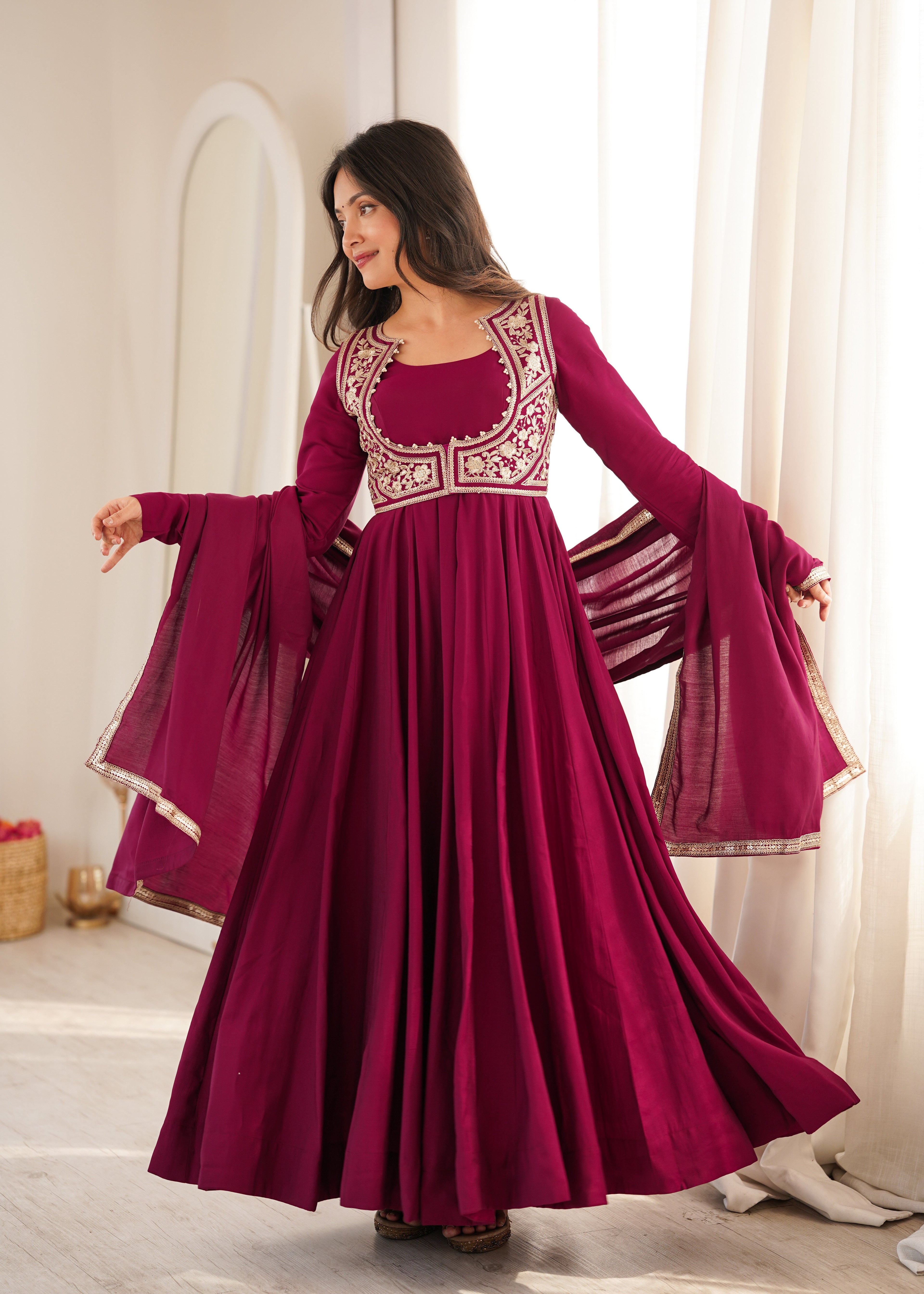 ROYAL WINE ETHNIC EMBROIDERED ANARKALI SUIT WITH JACKET