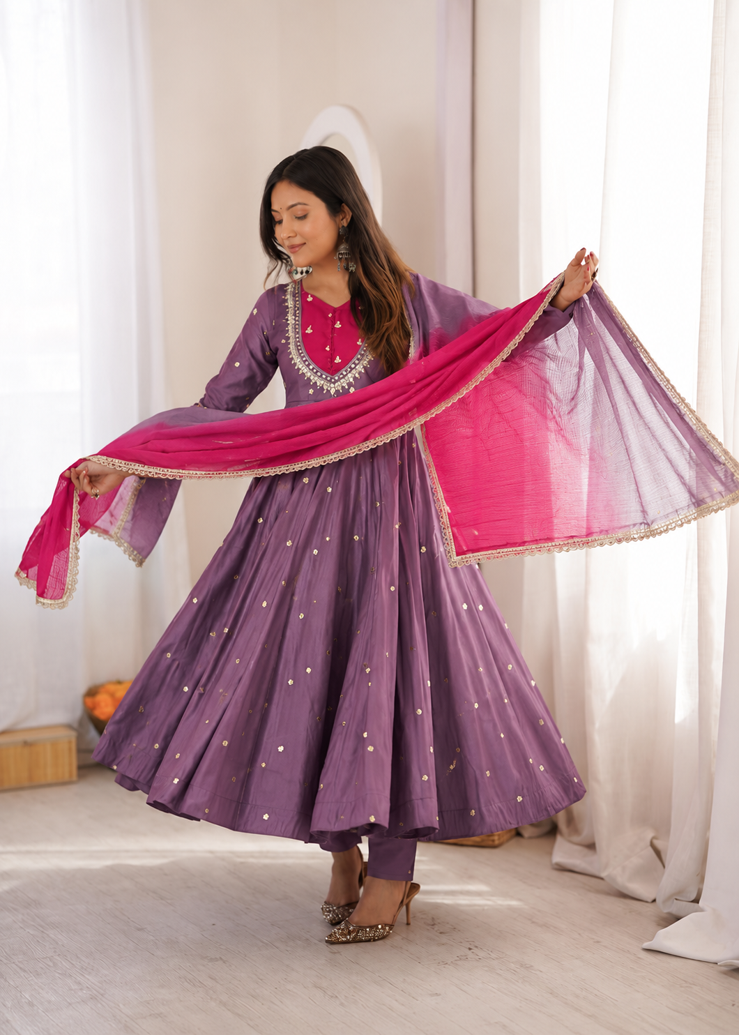 DUSTY MAUVE COLOR EMBELLISHED ANARKALI SUIT SET