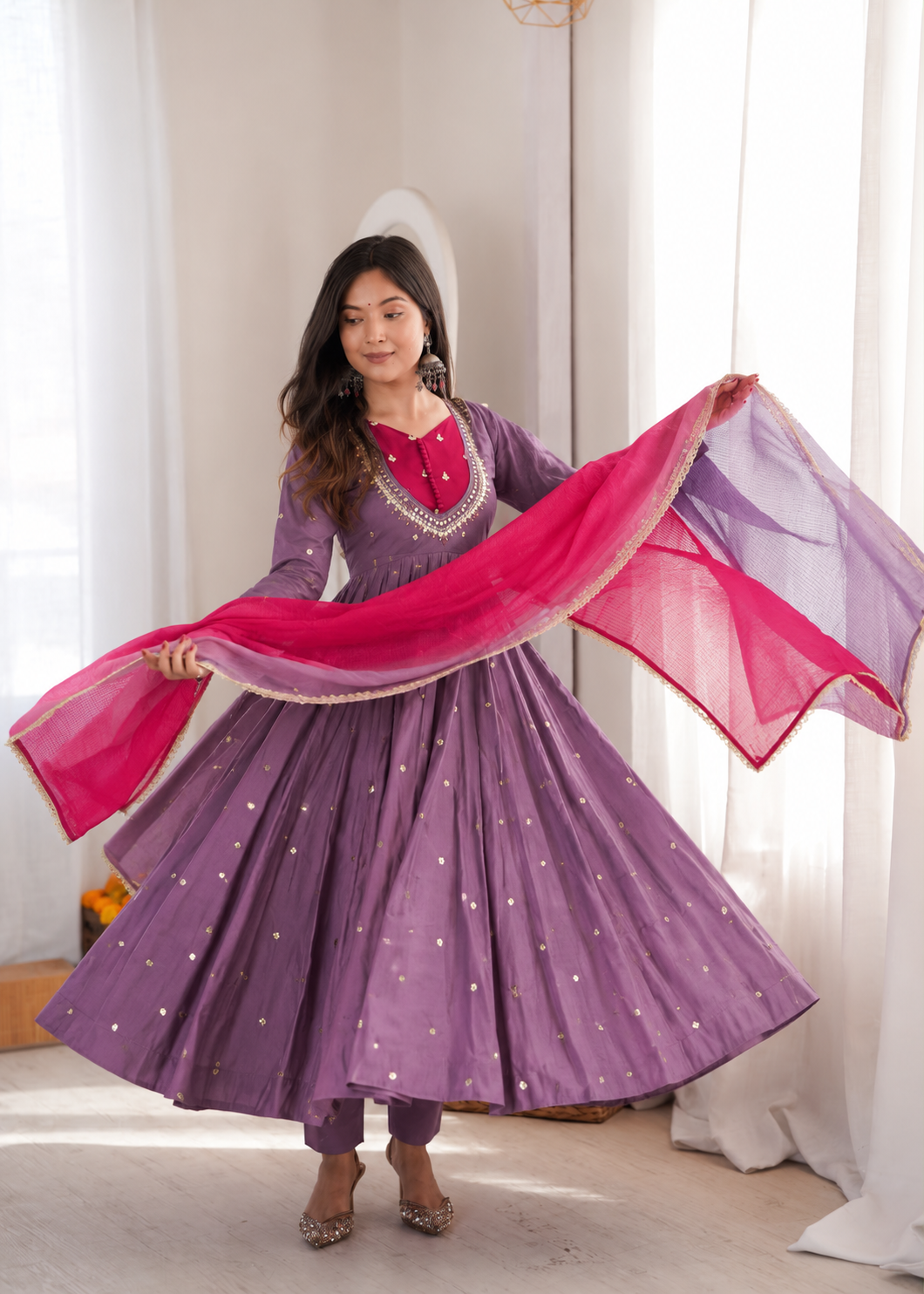 DUSTY MAUVE COLOR EMBELLISHED ANARKALI SUIT SET
