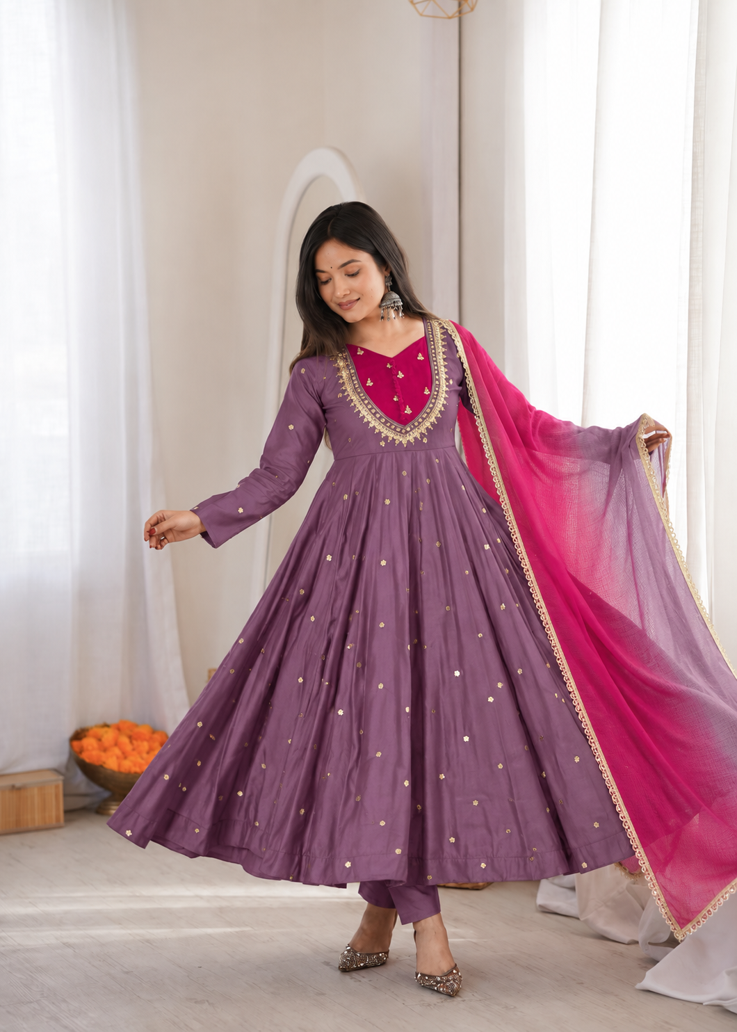 DUSTY MAUVE COLOR EMBELLISHED ANARKALI SUIT SET