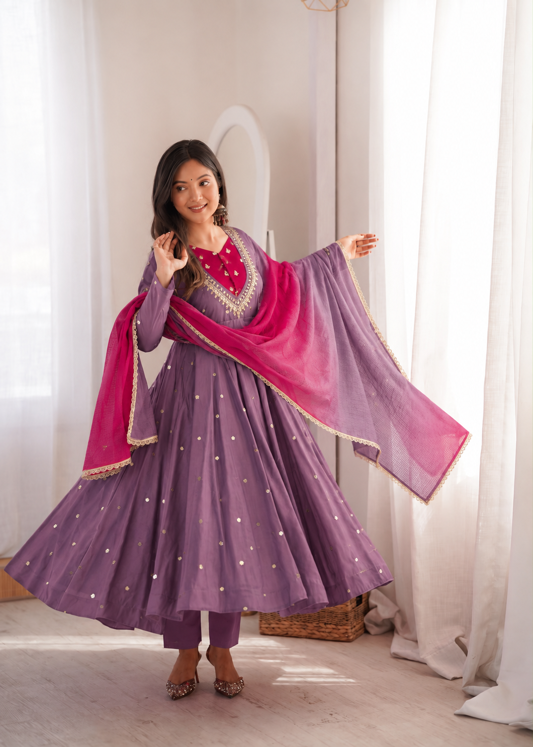 DUSTY MAUVE COLOR EMBELLISHED ANARKALI SUIT SET