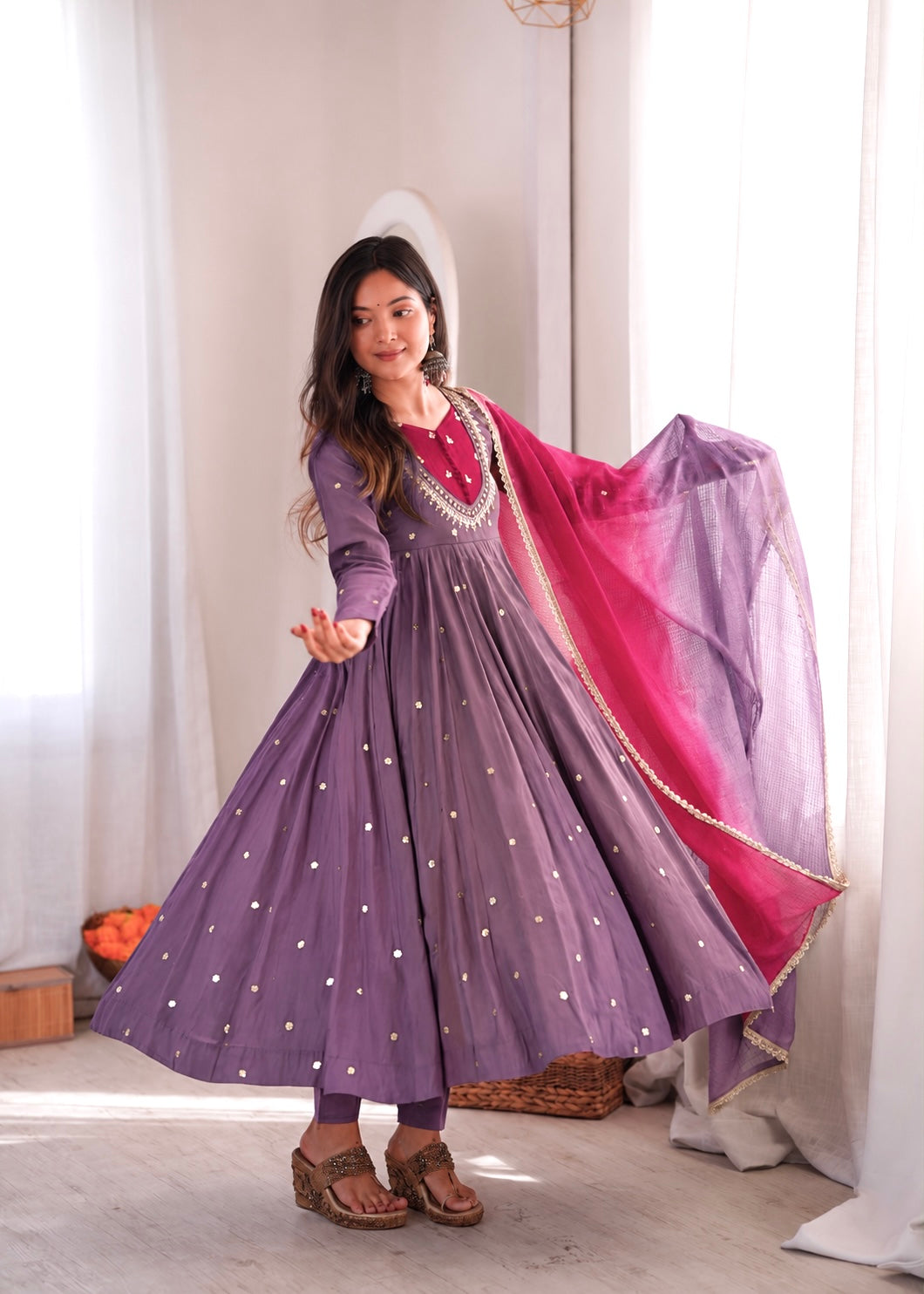DUSTY MAUVE COLOR EMBELLISHED ANARKALI SUIT SET