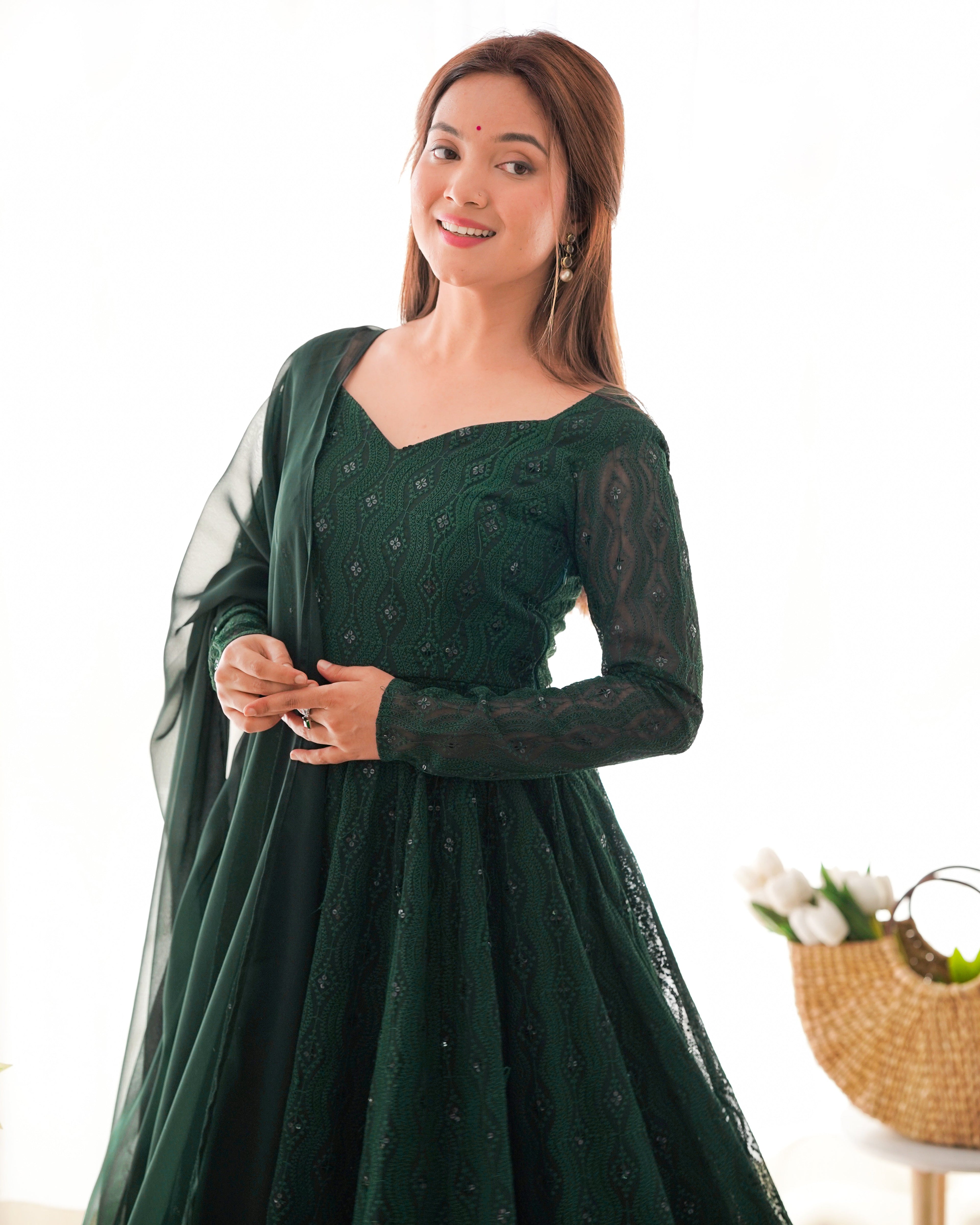 GREEN COLOR GEORGETTE BASE LUCKNOWI WORK ANARKALI SUIT SET OF 3