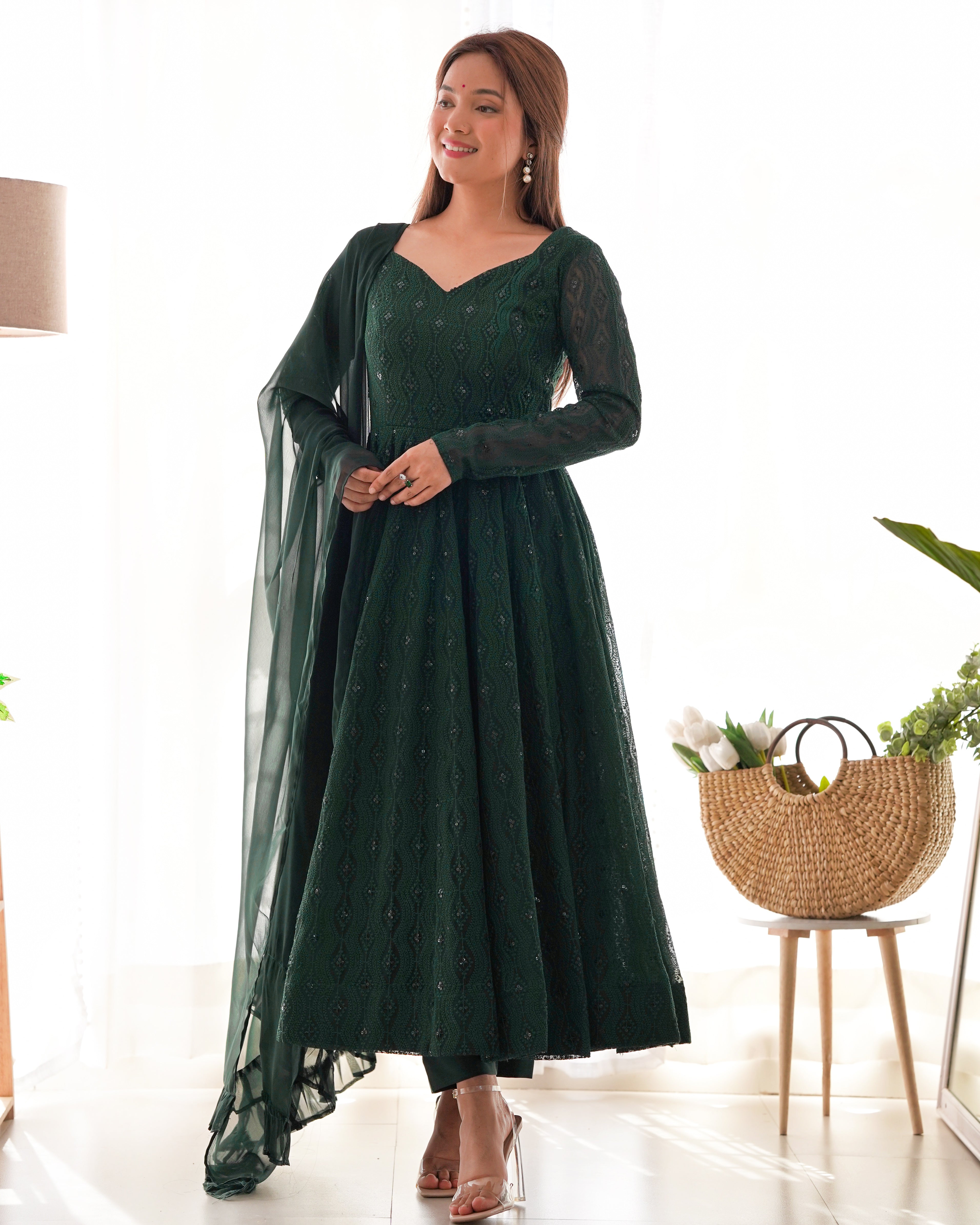 GREEN COLOR GEORGETTE BASE LUCKNOWI WORK ANARKALI SUIT SET OF 3