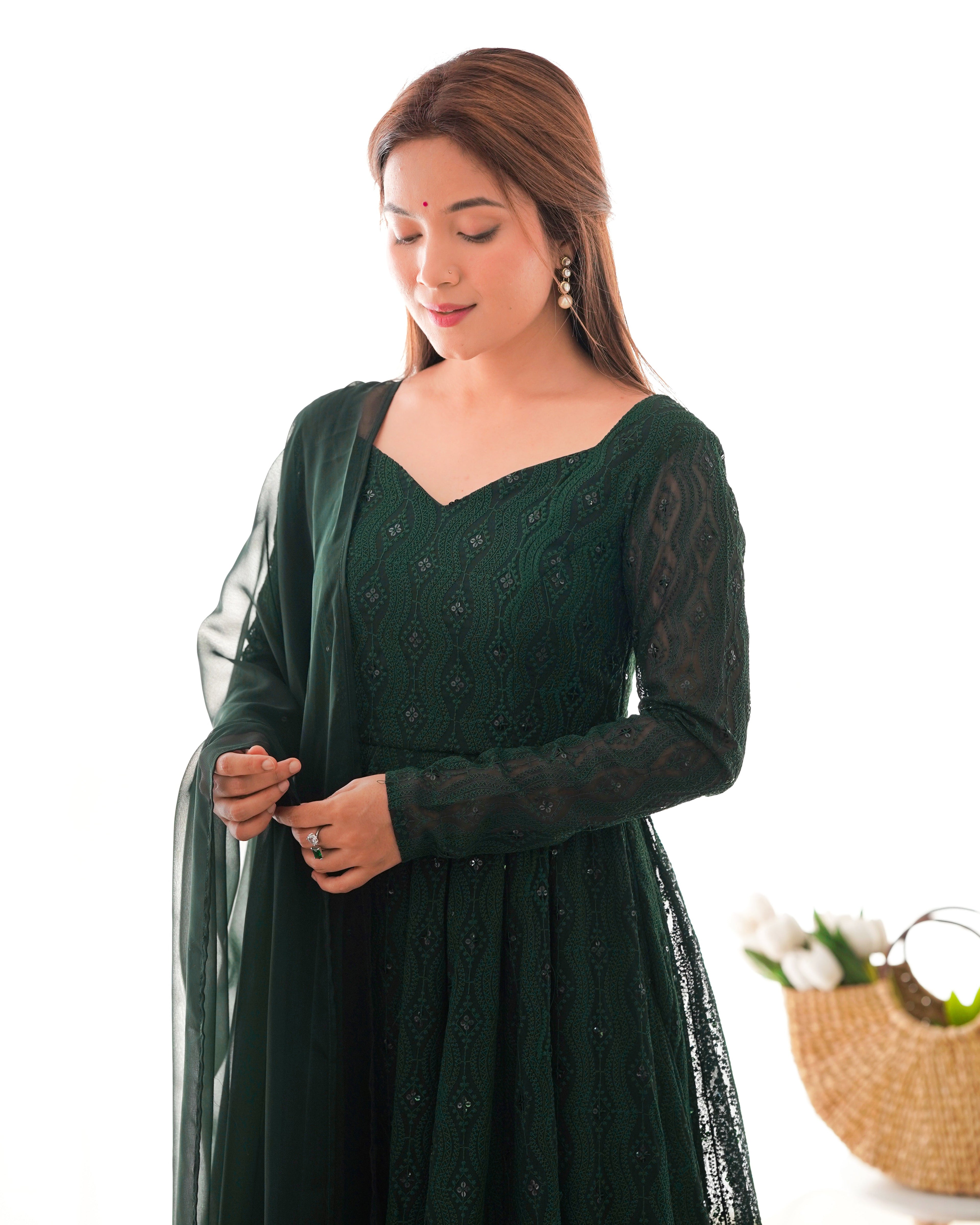 GREEN COLOR GEORGETTE BASE LUCKNOWI WORK ANARKALI SUIT SET OF 3