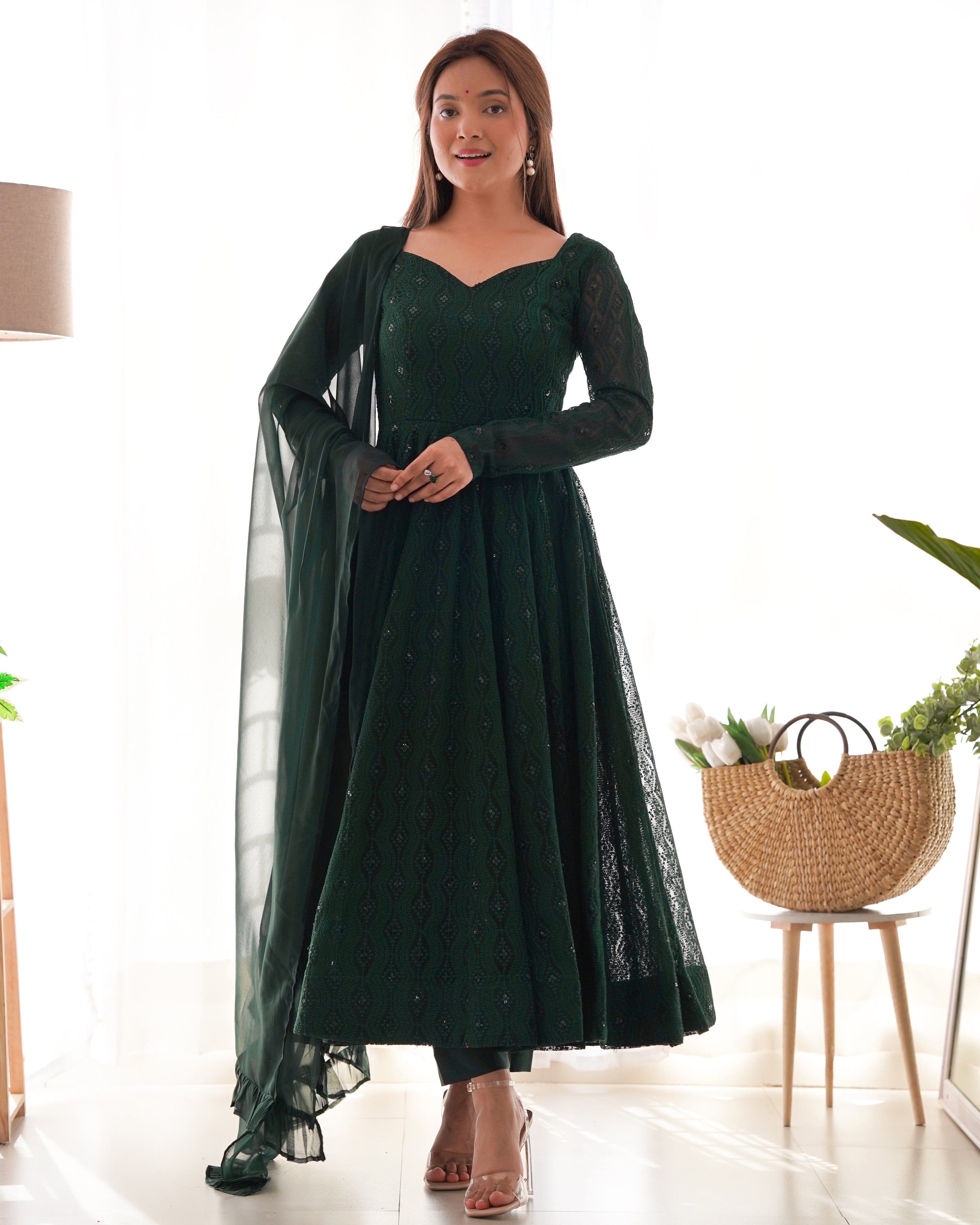 GREEN COLOR GEORGETTE BASE LUCKNOWI WORK ANARKALI SUIT SET OF 3