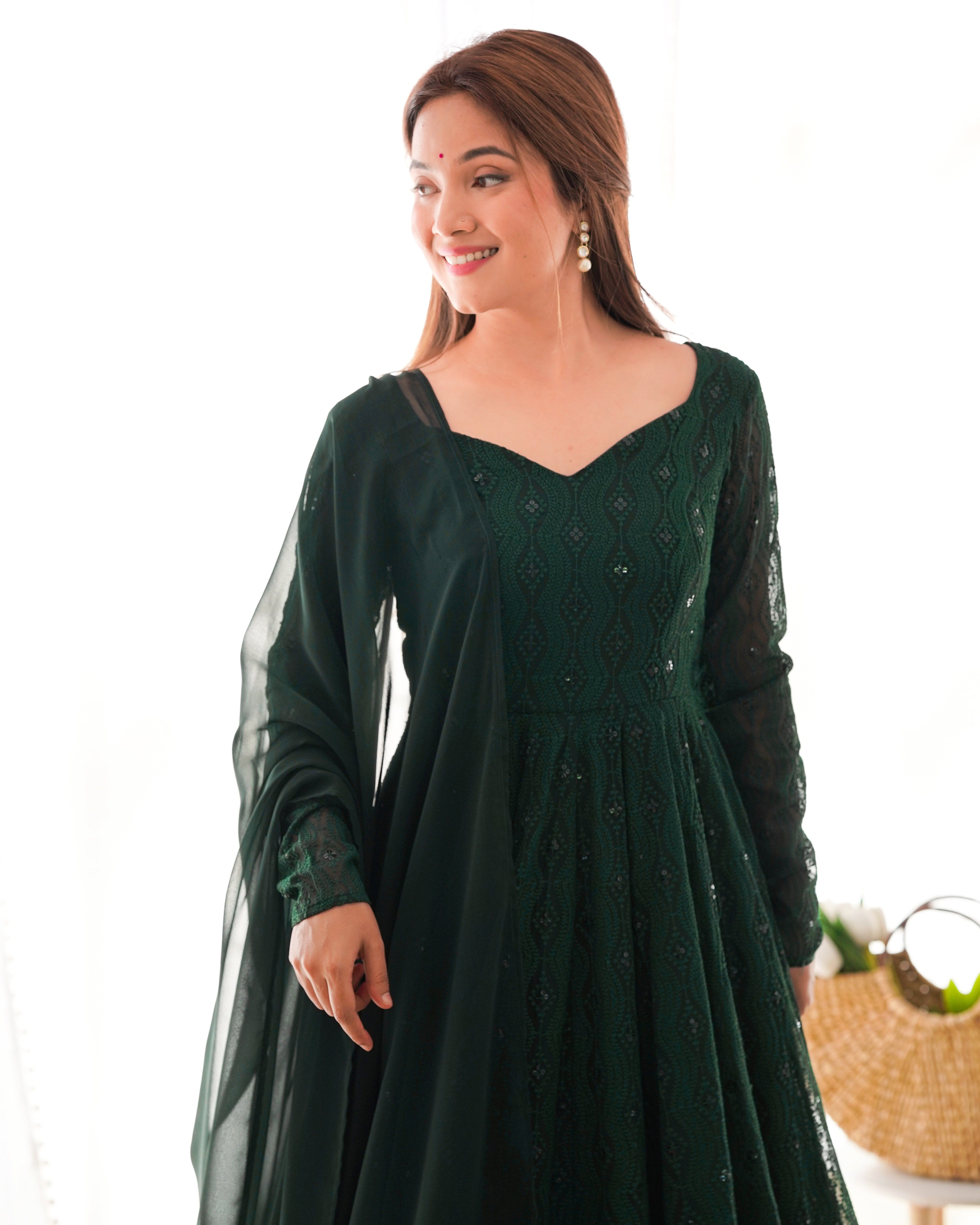 GREEN COLOR GEORGETTE BASE LUCKNOWI WORK ANARKALI SUIT SET OF 3