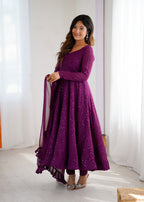 WINE COLOR LUCKNOWI GEORGETTE ANARKALI SUIT SET OF 3