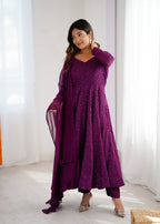 WINE COLOR LUCKNOWI GEORGETTE ANARKALI SUIT SET OF 3